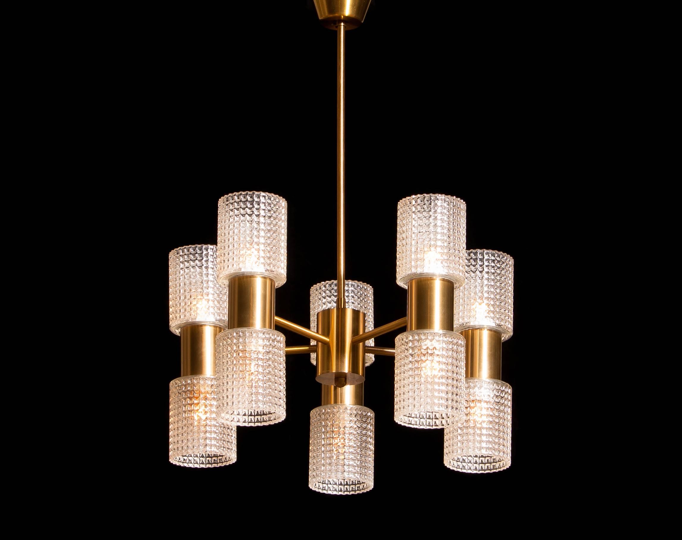 1960s, Brass and Glass Chandelier by Carl Fagerlund for Orrefors 3