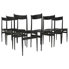 1960Set of Six Vintage Chairs,  black wooden structure and black velvet