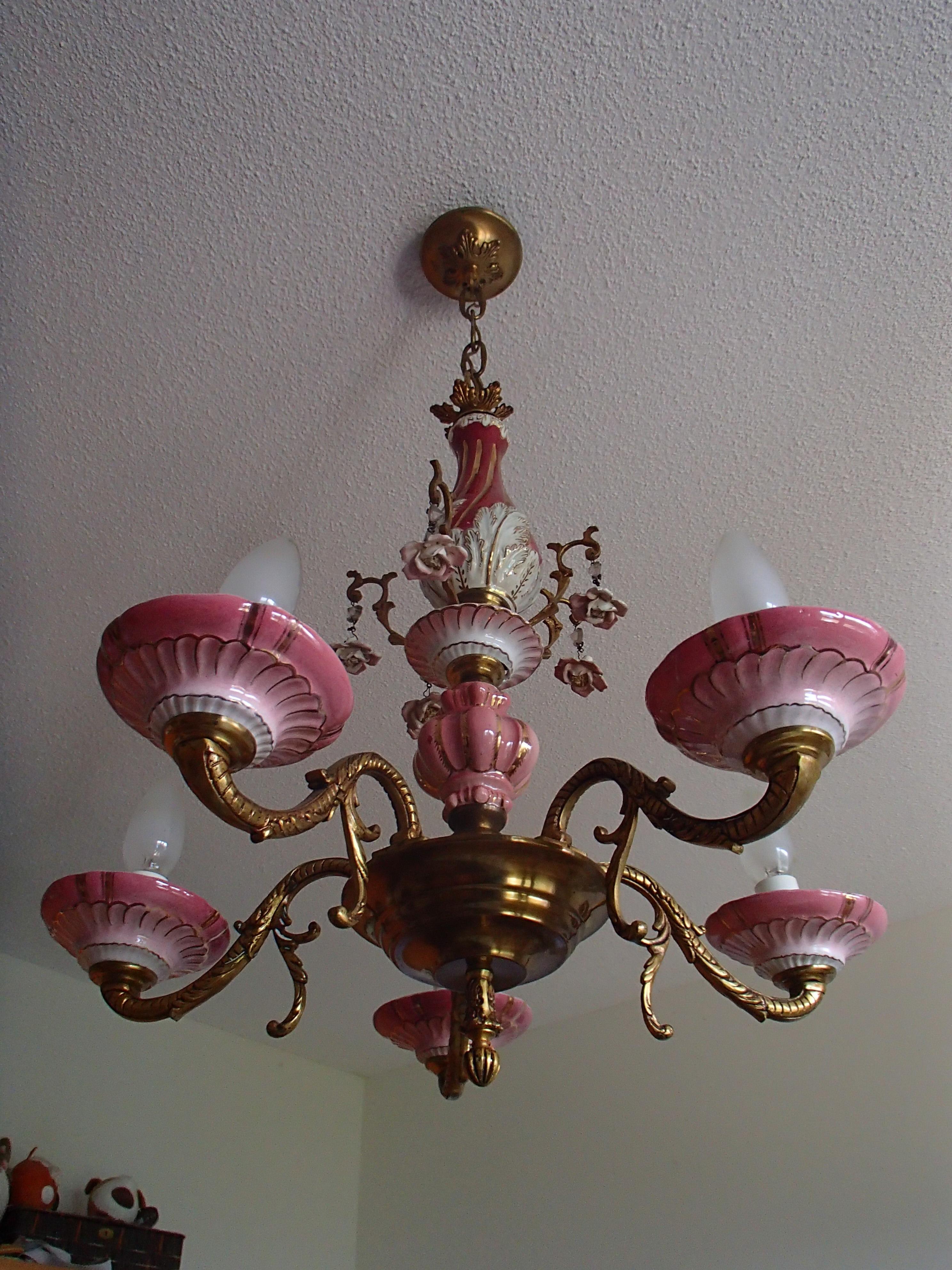 Brass 1960th Italian Porcelain Chandelier with Roses For Sale