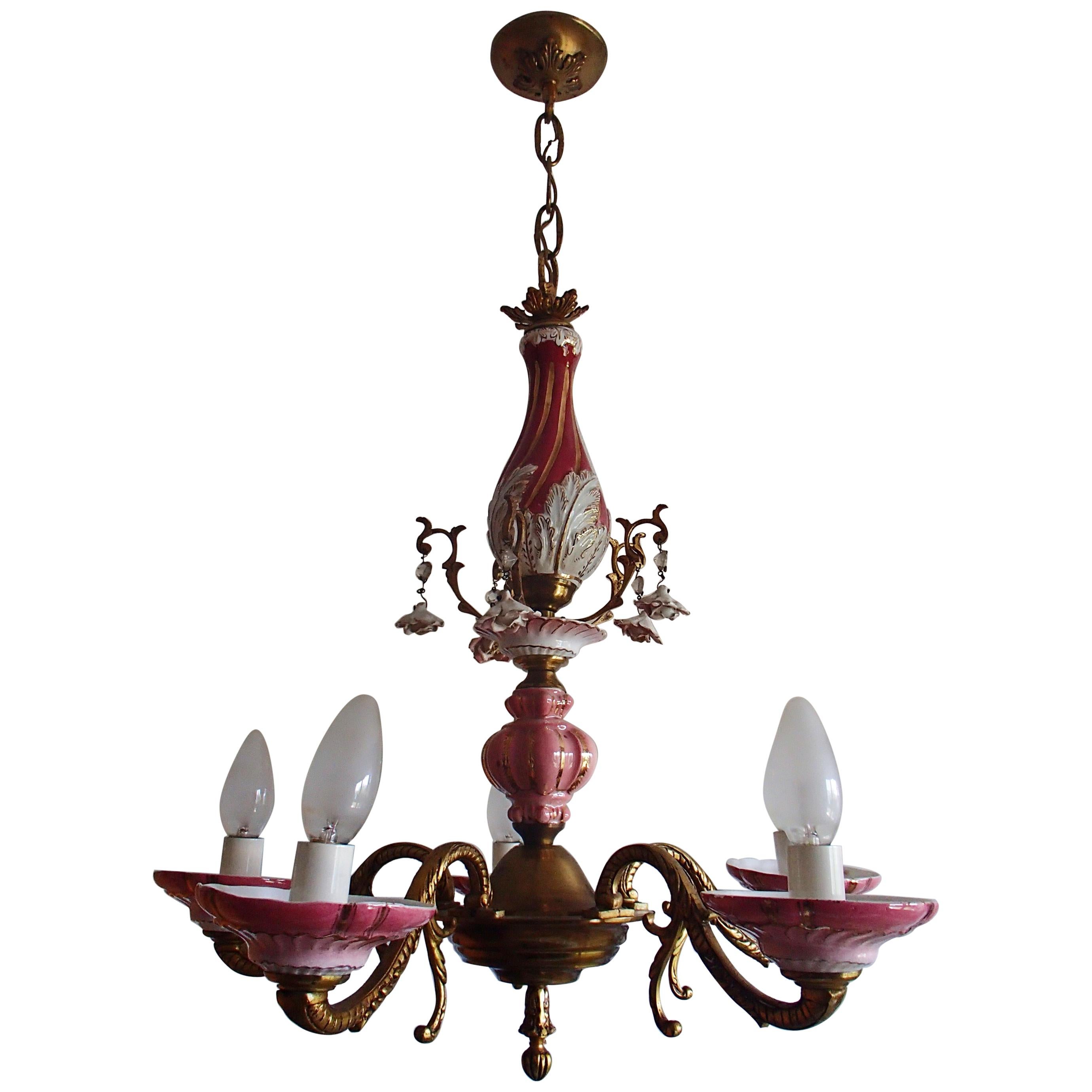 1960th Italian Porcelain Chandelier with Roses For Sale
