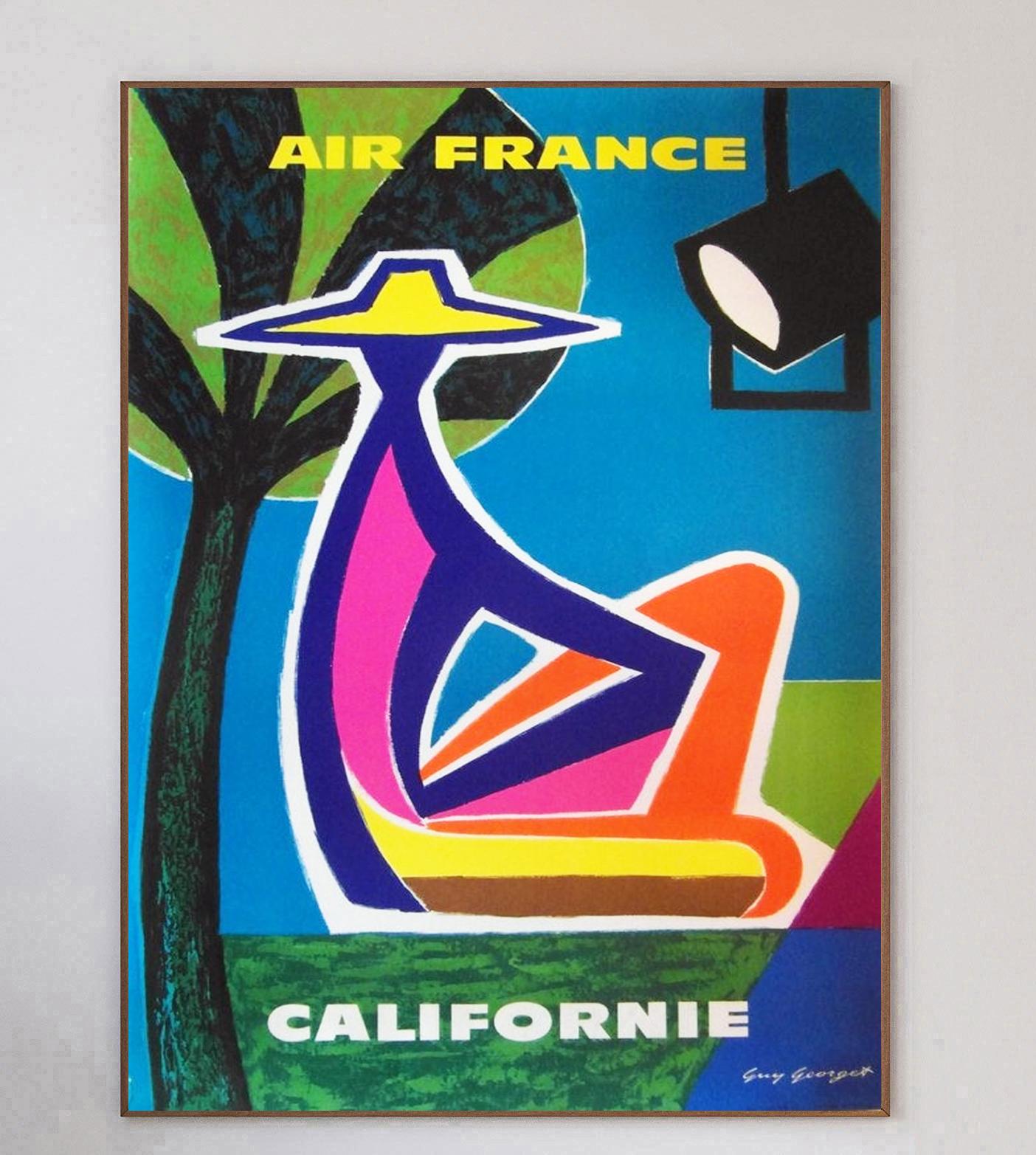 With fabulous artwork from French artist Guy Georget who worked on many Air France posters of the era, this poster promoting the airlines routes to California was created in 1962. Air France was created in 1933 after a merger of multiple French