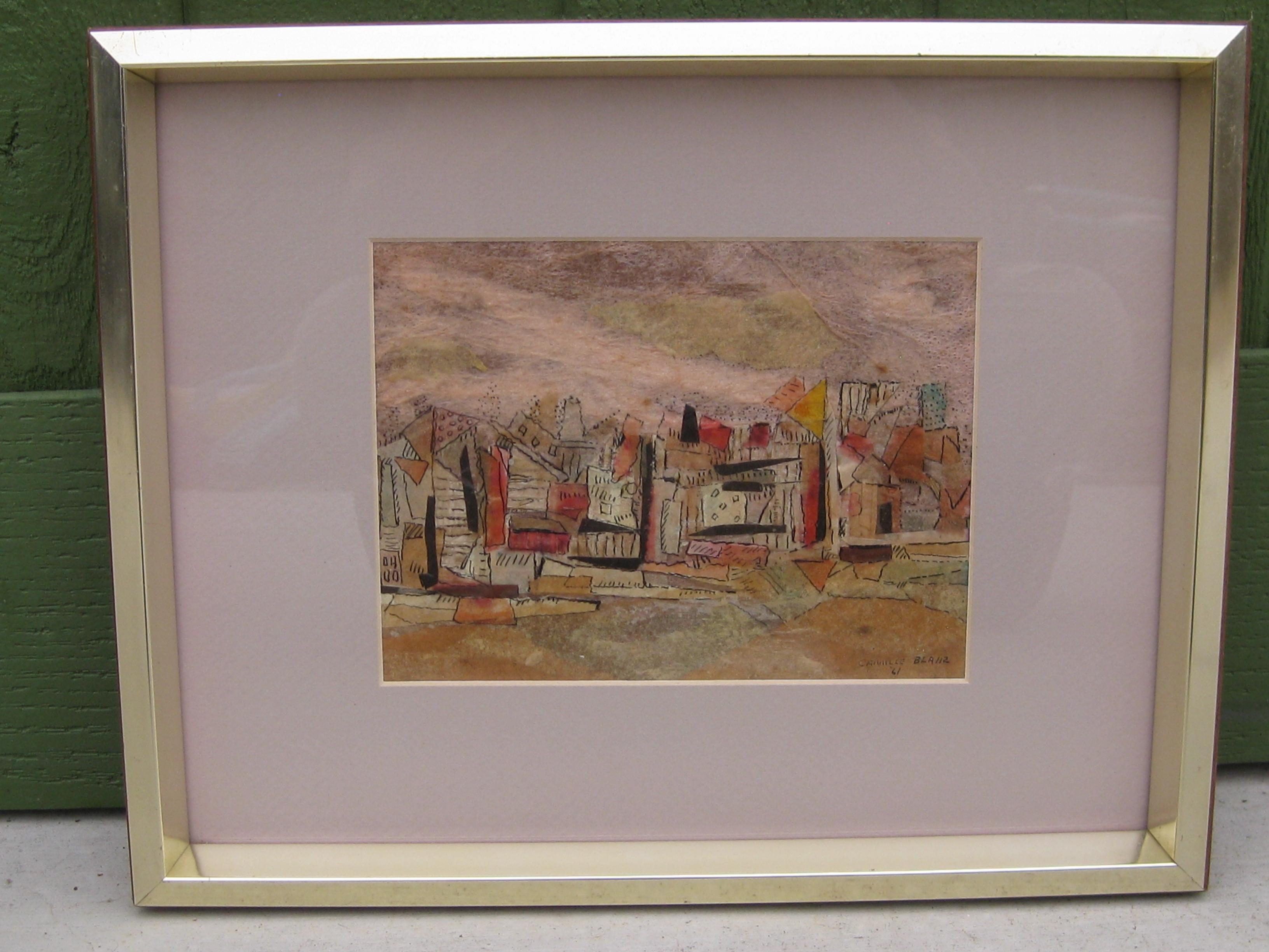 Great mixed media painting by listed California artist Camille Blair and dates from 1961. Th subject matter is an abstract cityscape. Wonderful color and design. The painting is under glass and in the original frame. Signed and dated in the lower