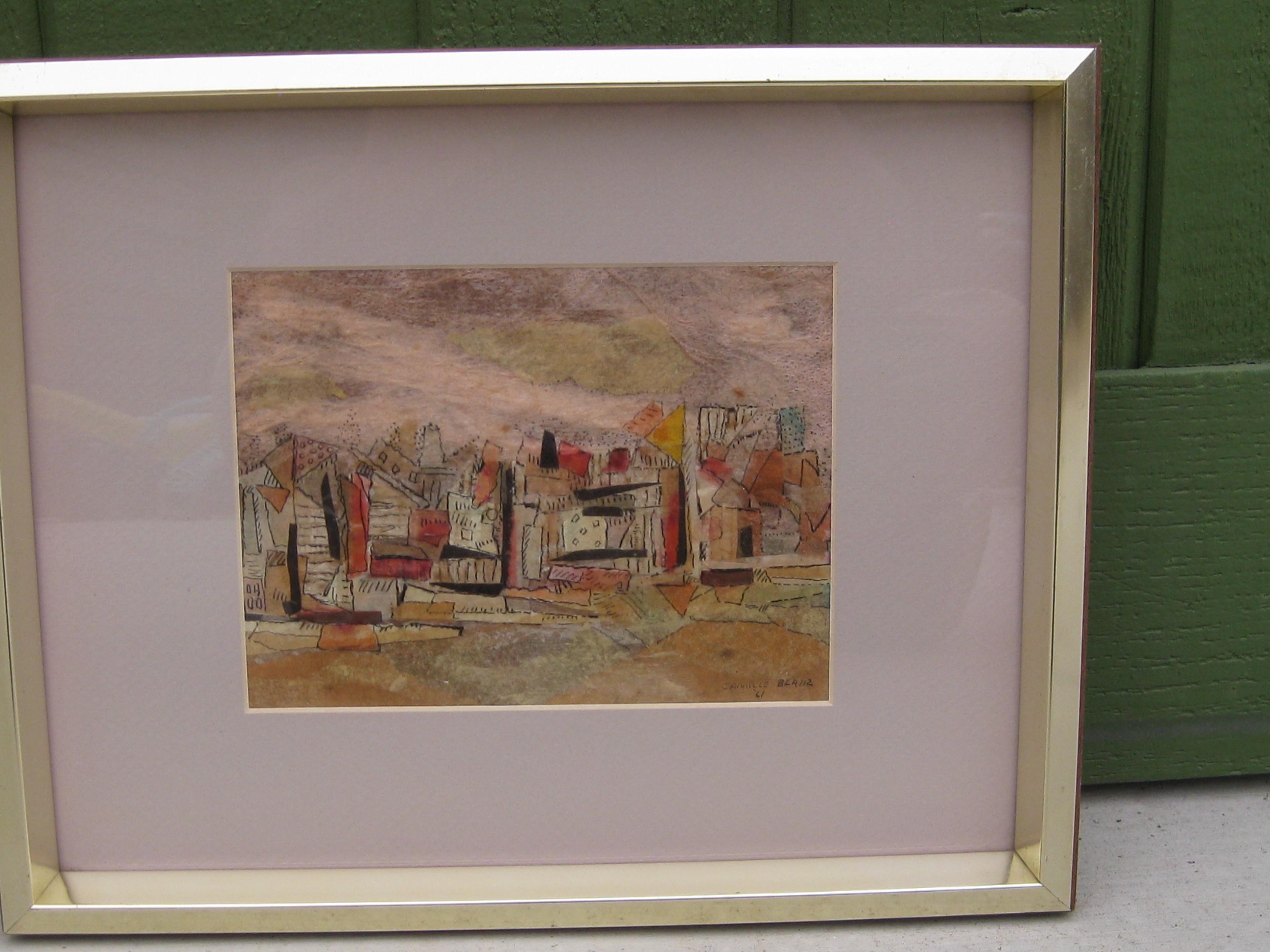 1961 Camille Blair California Listed Artist Abstract Cityscape Painting (amerikanisch) im Angebot