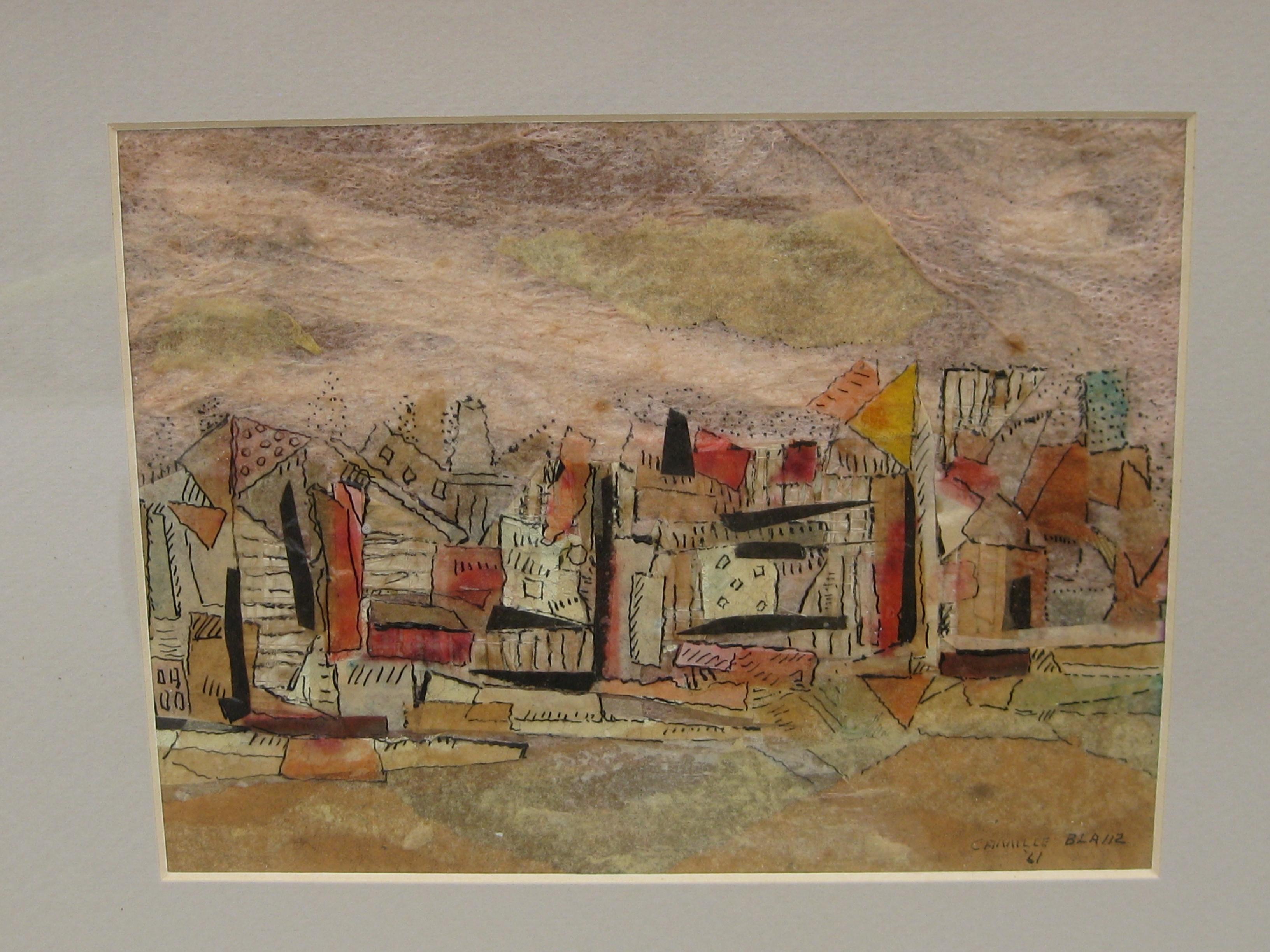 1961 Camille Blair California Listed Artist Abstract Cityscape Painting im Zustand „Hervorragend“ im Angebot in San Diego, CA