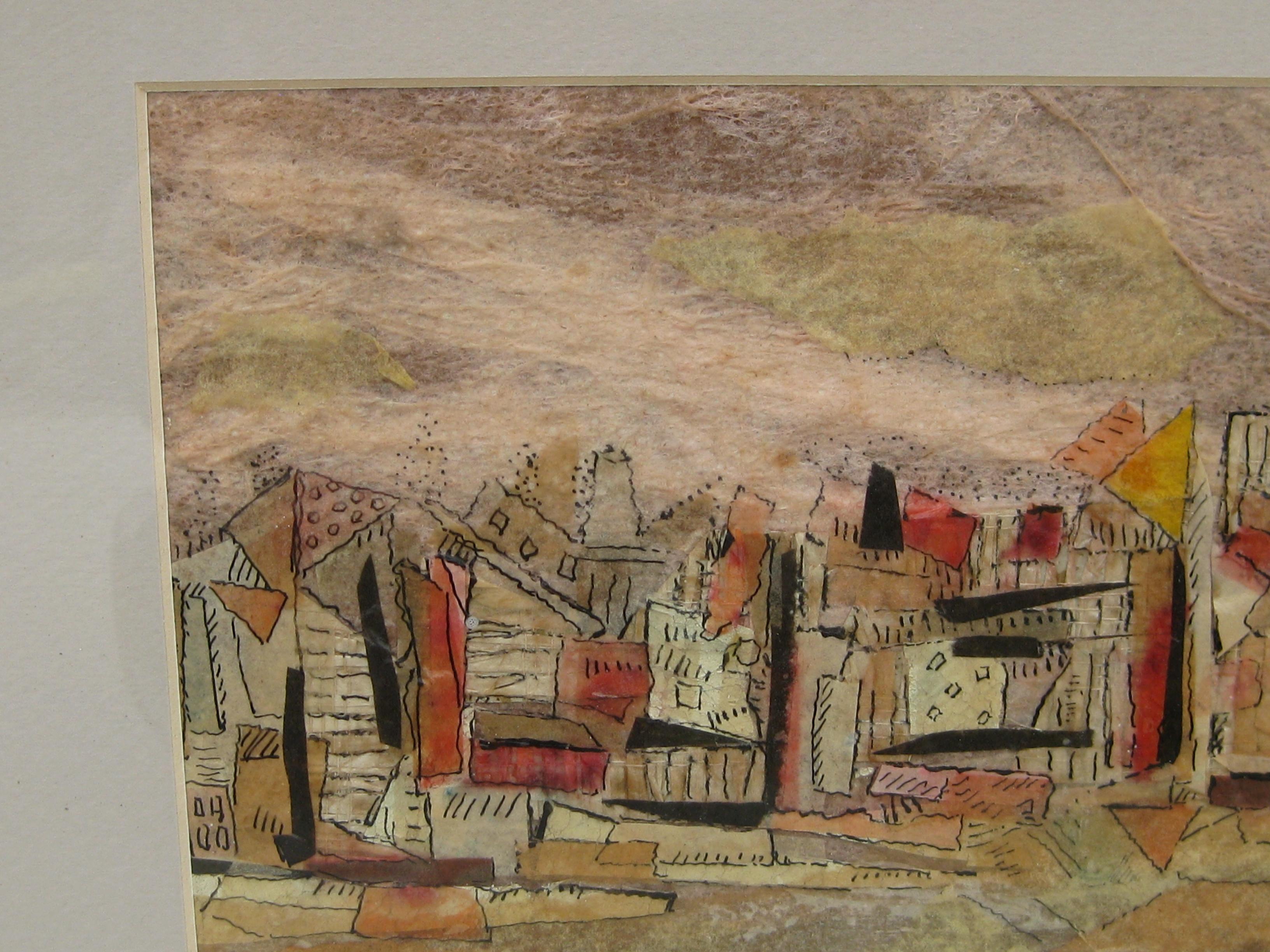 1961 Camille Blair California Listed Artist Abstract Cityscape Painting (Mitte des 20. Jahrhunderts) im Angebot