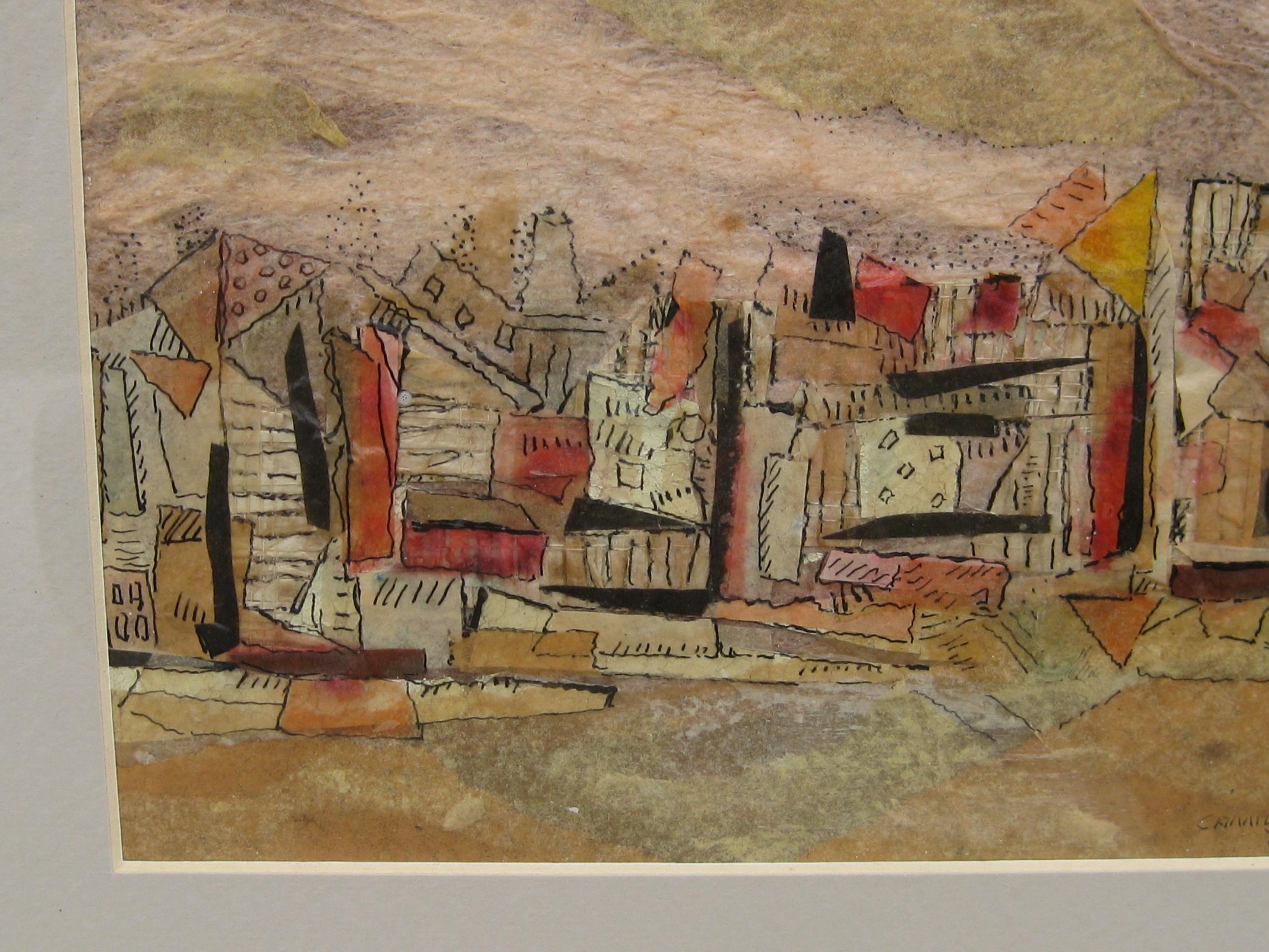 1961 Camille Blair California Listed Artist Abstract Cityscape Painting (Papier) im Angebot