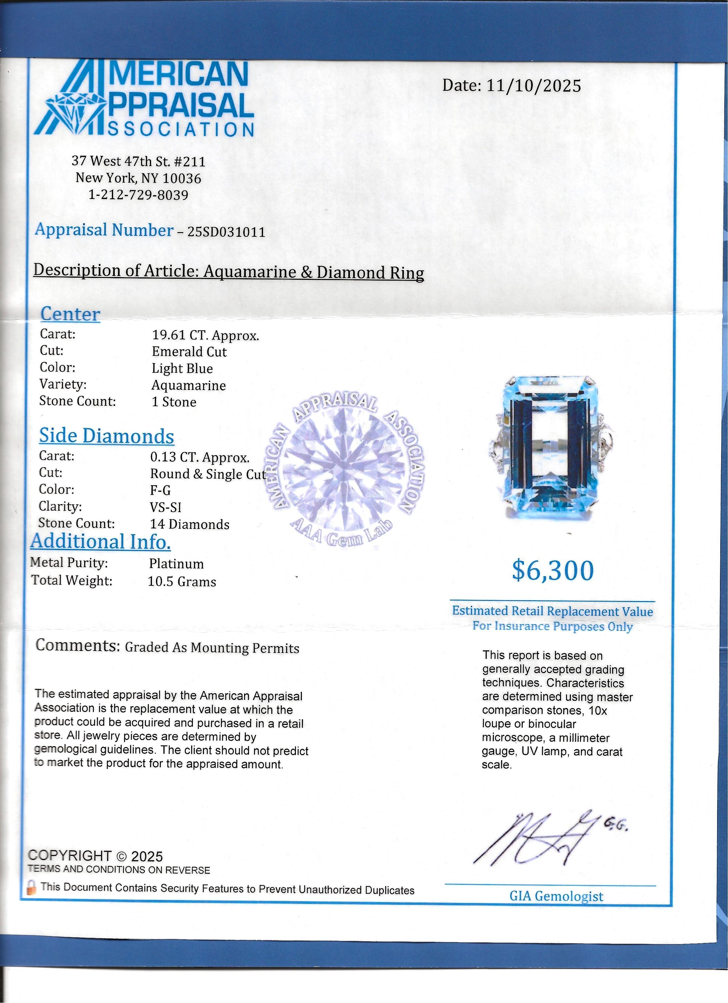 19.61 Carat Emerald Cut Aquamarine Cocktail Ring with Diamonds in Platinum For Sale 8