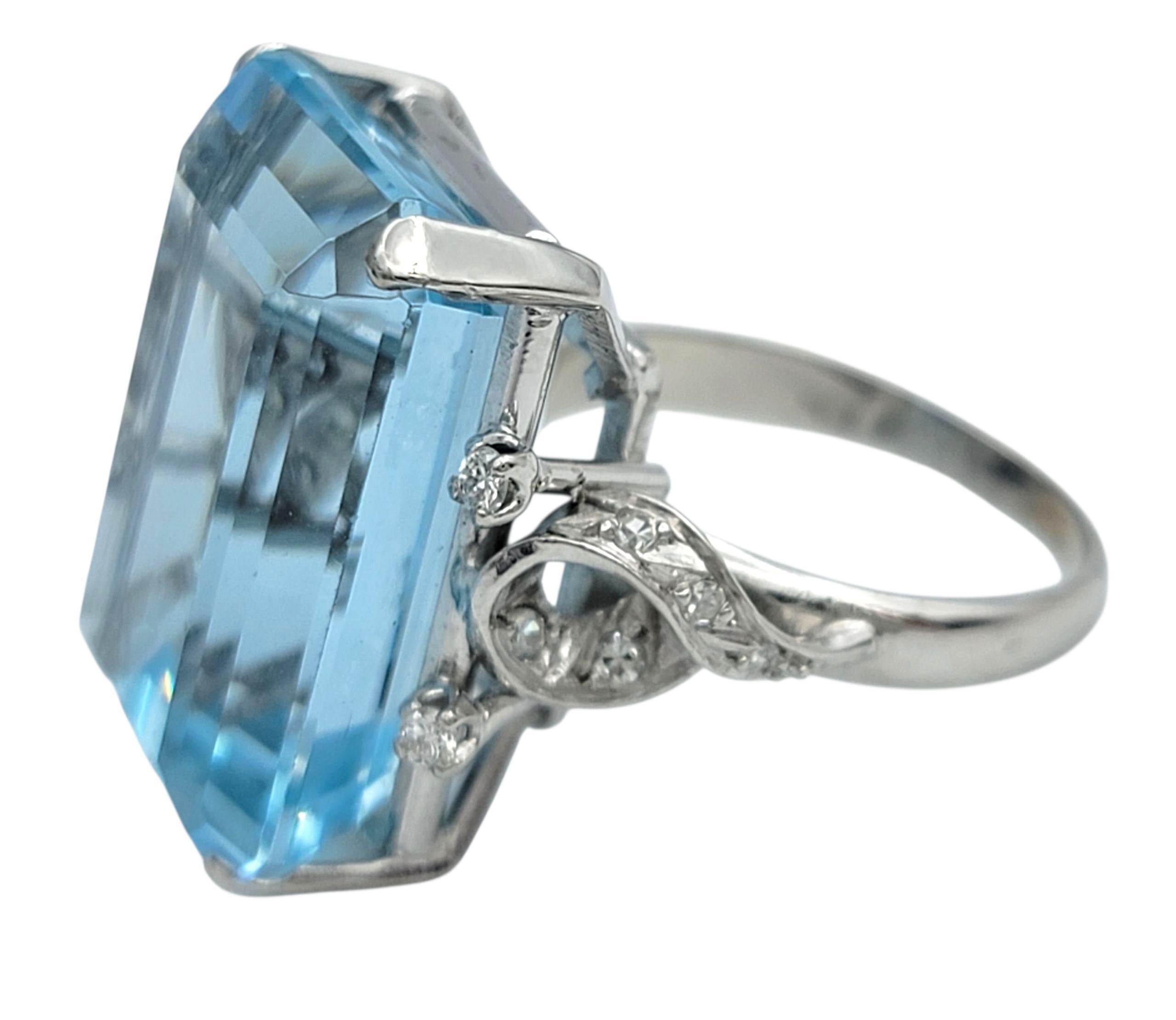 Women's 19.61 Carat Emerald Cut Aquamarine Cocktail Ring with Diamonds in Platinum For Sale