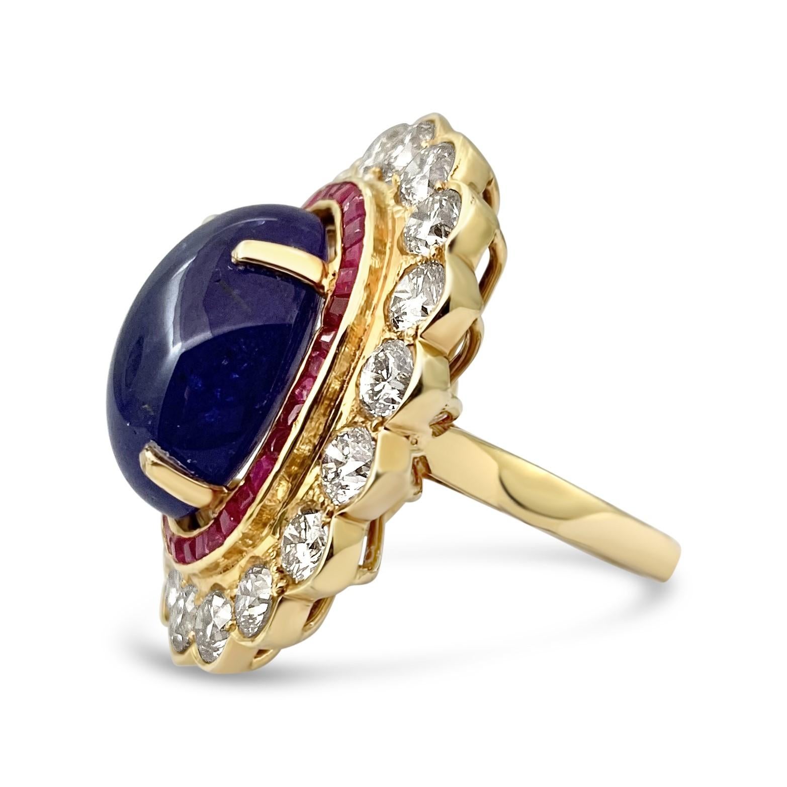 Introducing our exquisite 19.61 Carat Tanzanite Ring with a Ruby and White Diamond Halo, a true masterpiece of jewelry that elegantly showcases the mesmerizing beauty of tanzanite, accented by the rich allure of rubies and the brilliance of white