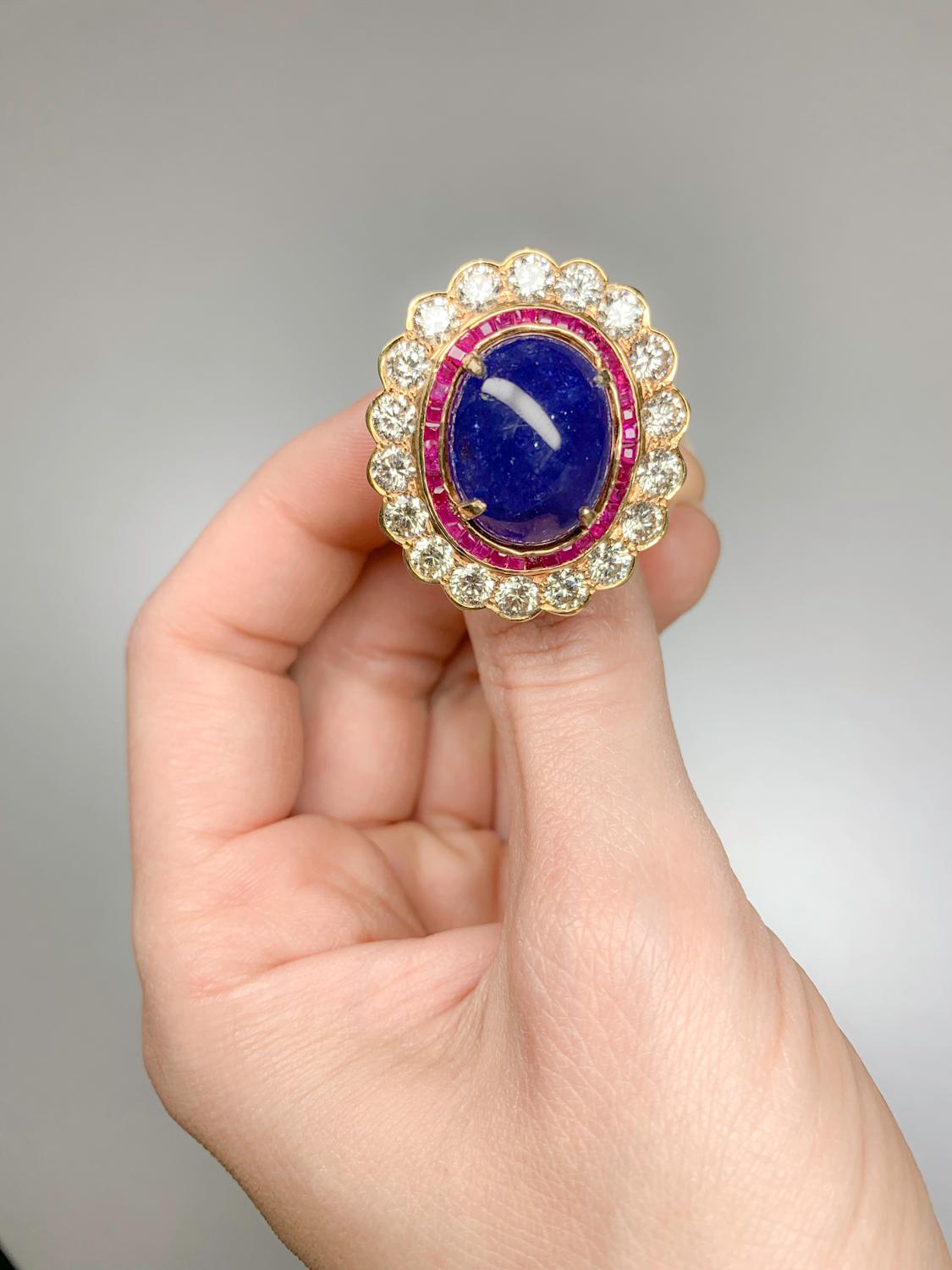 Victorian 19.61 Carat Tanzanite with 1.41 Carat Ruby and 4.89 Carat Diamond 18K Gold Ring For Sale