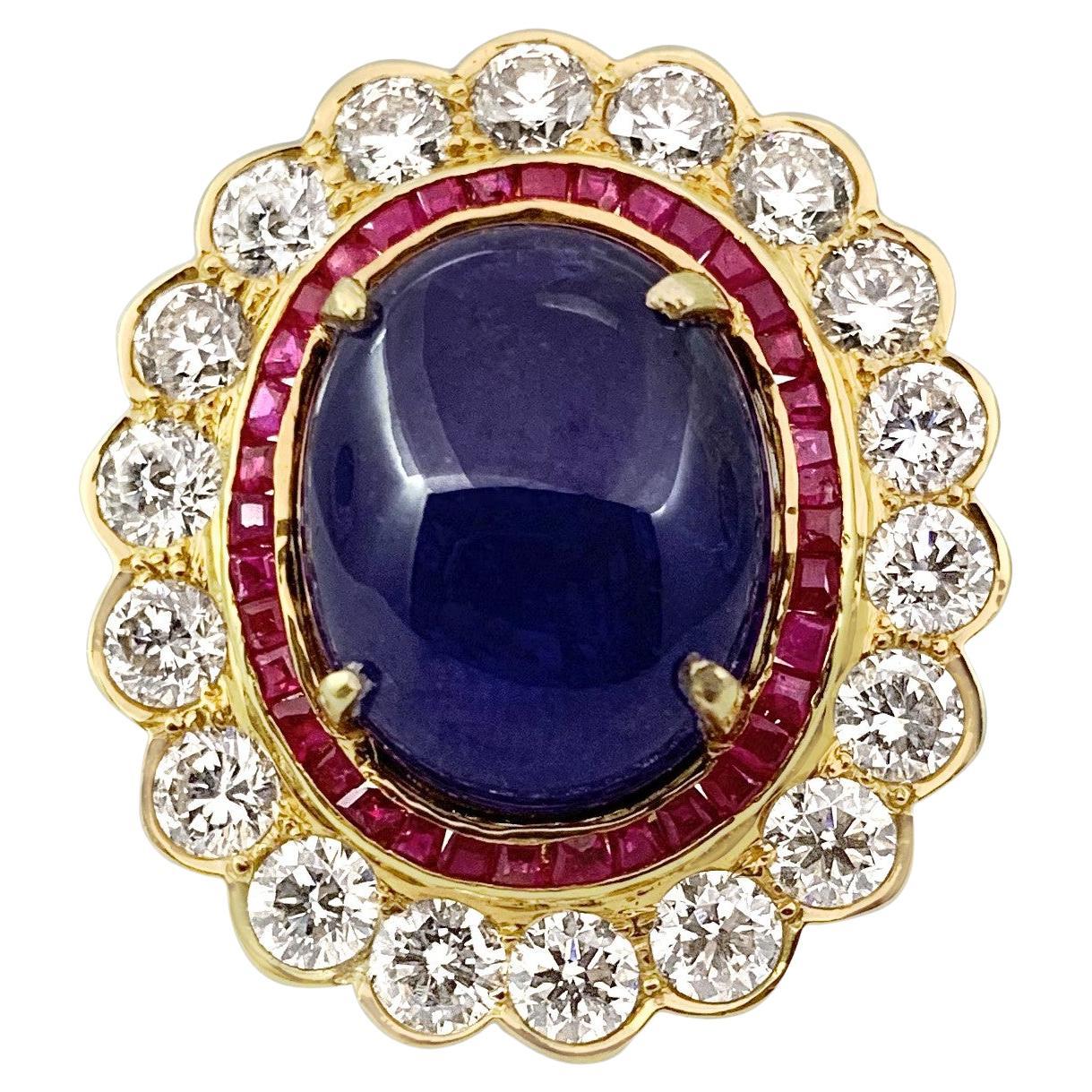 19.61 Carat Tanzanite with 1.41 Carat Ruby and 4.89 Carat Diamond 18K Gold Ring For Sale