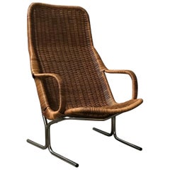 Retro 1961 Dirk Van Sliedregt, Rare 514 Original Wicker Lounge Chair with Black Base