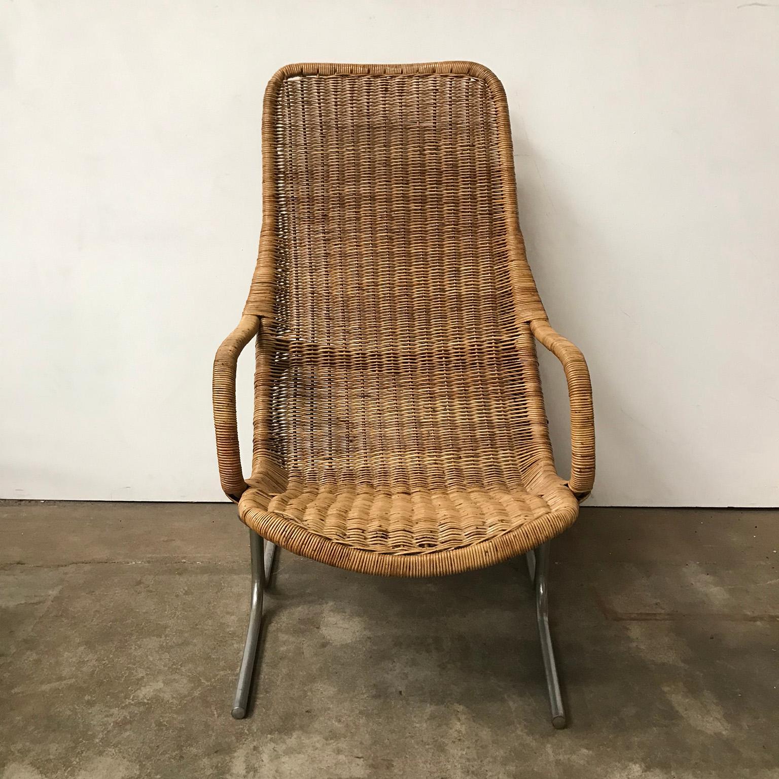Dutch 1961 Dirk Van Sliedregt, Rare 514 Original Wicker Lounge Chair with Chrome Base