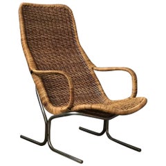 1961 Dirk Van Sliedregt, Rare 514 Original Wicker Lounge Chair with Chrome Base