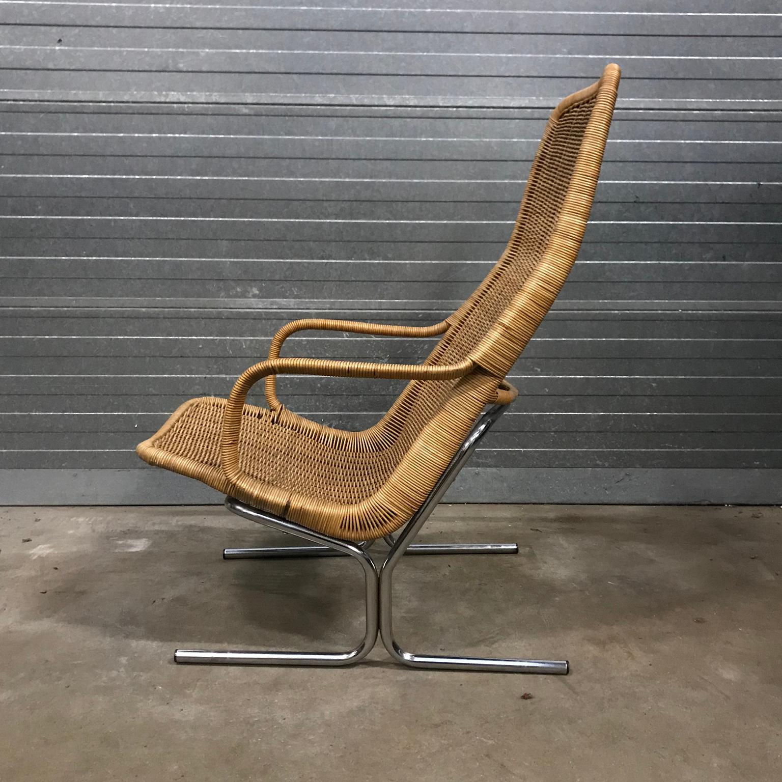 Mid-Century Modern 1961 Dirk Van Sliedregt, Rare 514 Original Wicker Lounge Chair with Chrome Base For Sale