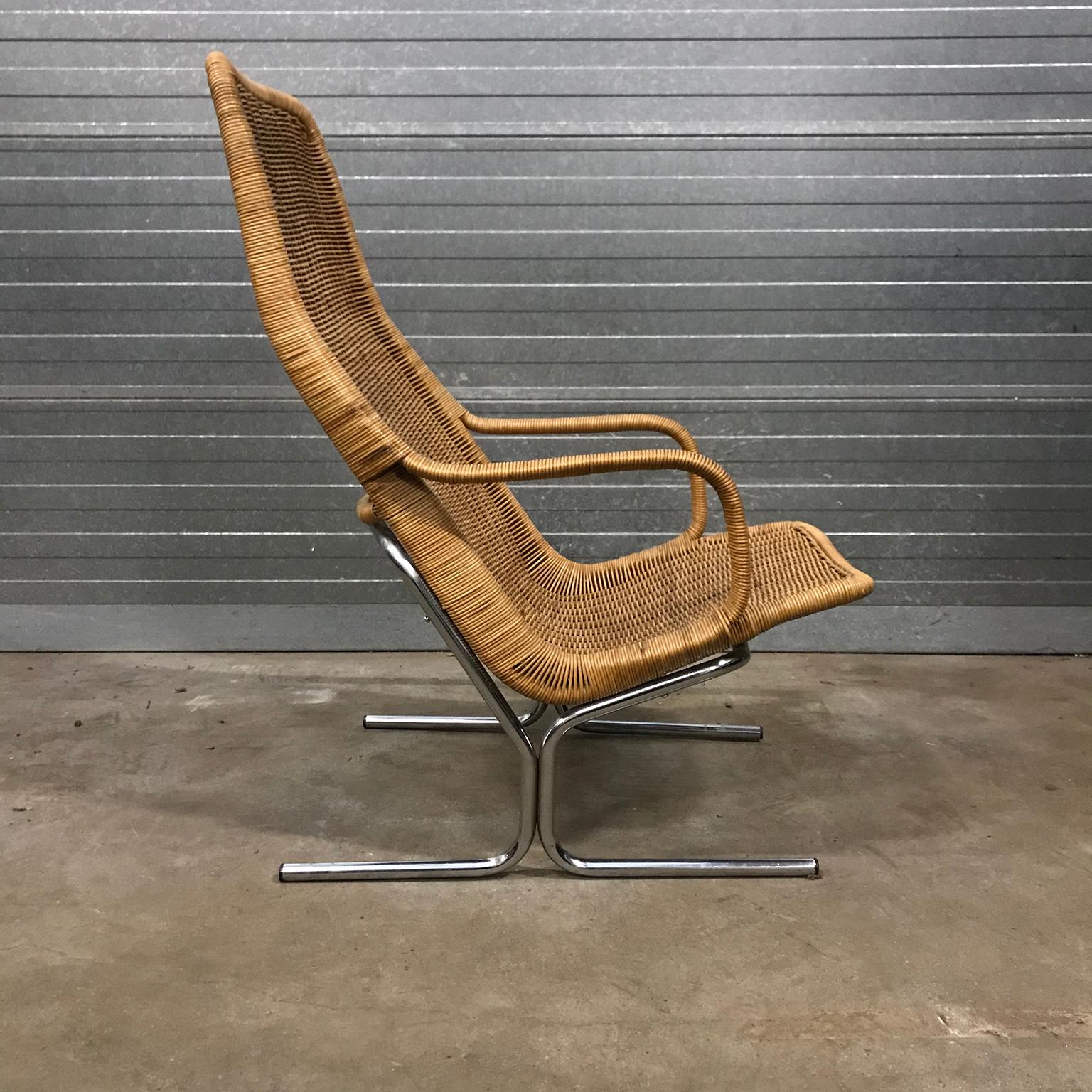 Dutch 1961 Dirk Van Sliedregt, Rare 514 Original Wicker Lounge Chair with Chrome Base For Sale
