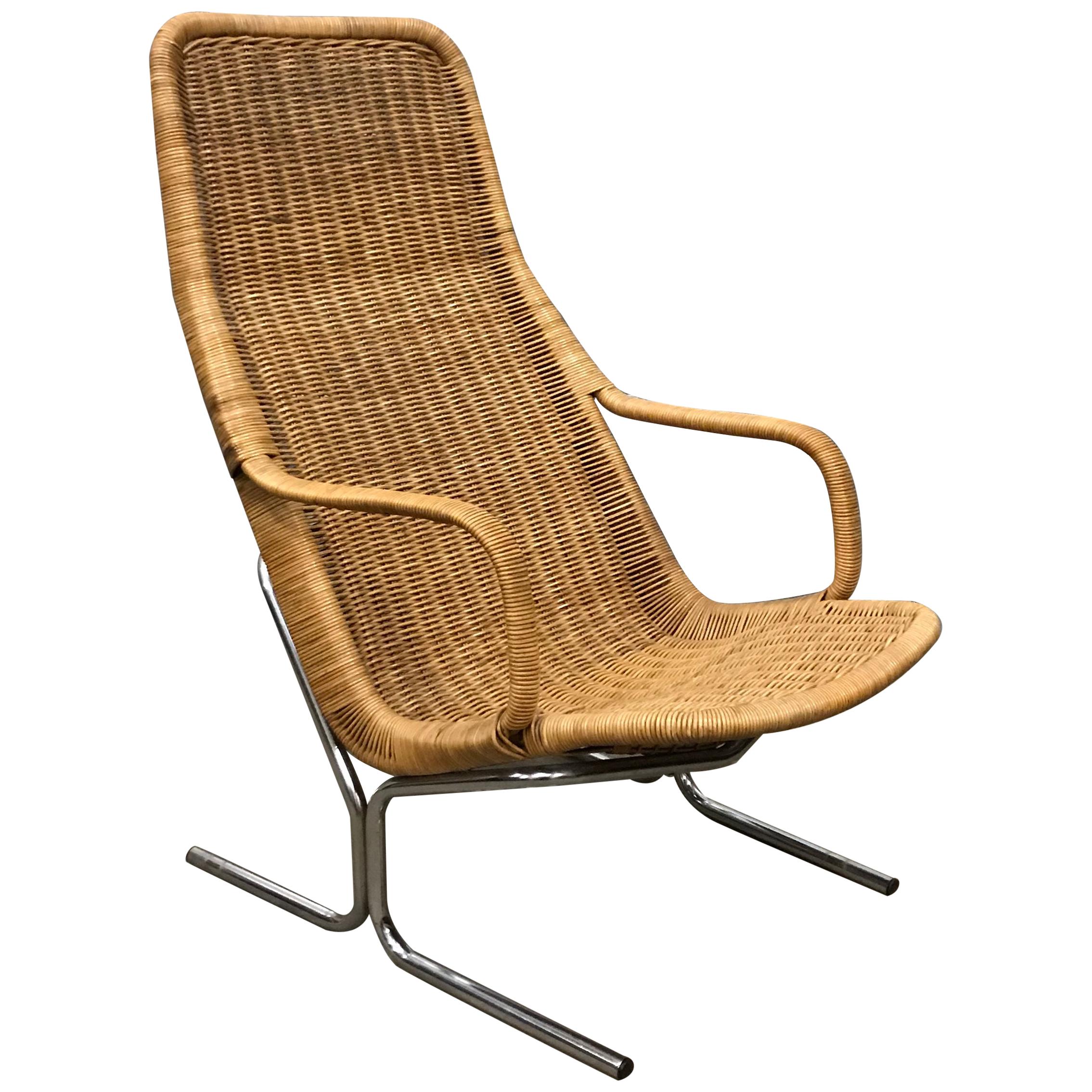 1961 Dirk Van Sliedregt, Rare 514 Original Wicker Lounge Chair with Chrome Base