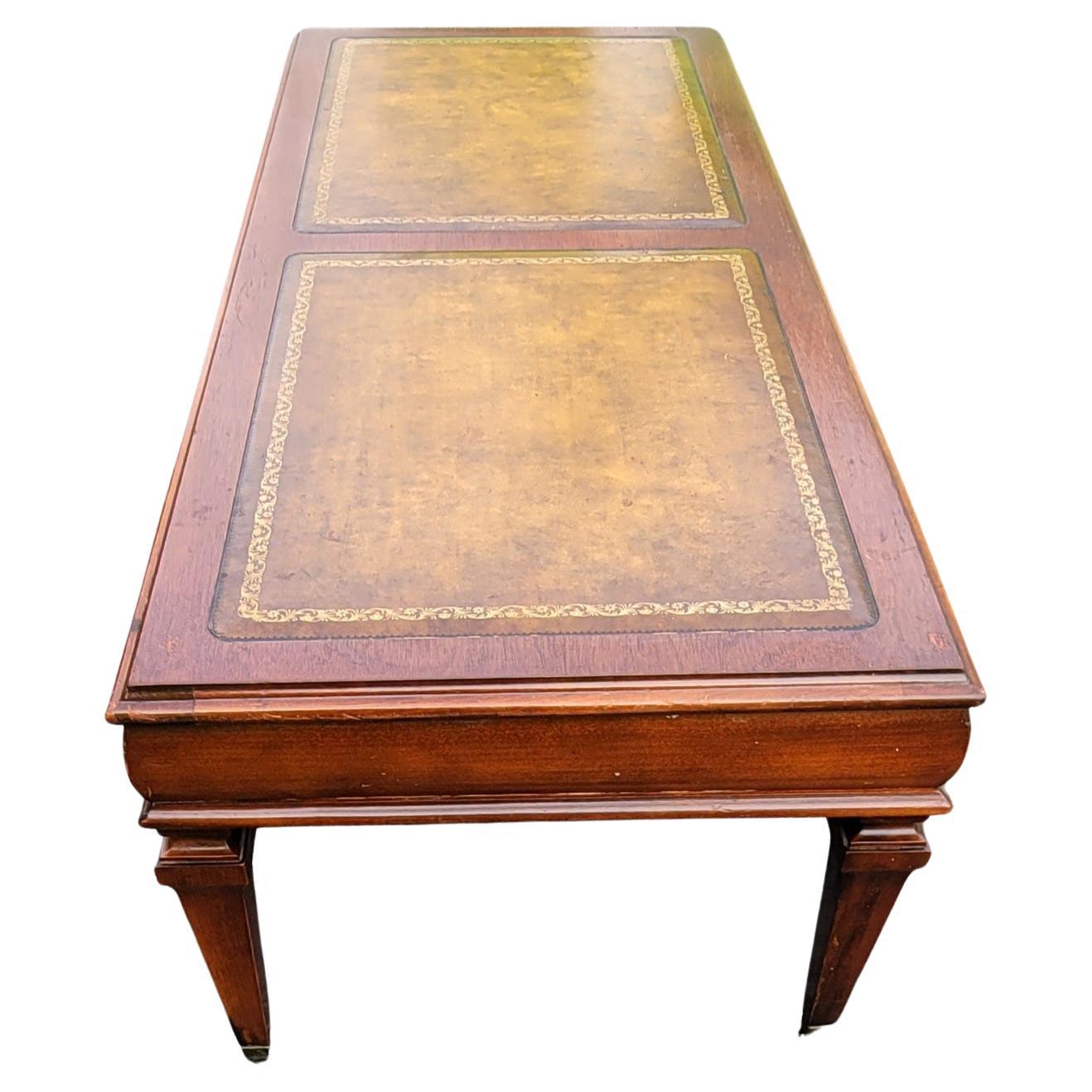 Woodwork 1961 Mahogany and Stenciled Tooled Leather Paneled Top Cocktail Table For Sale