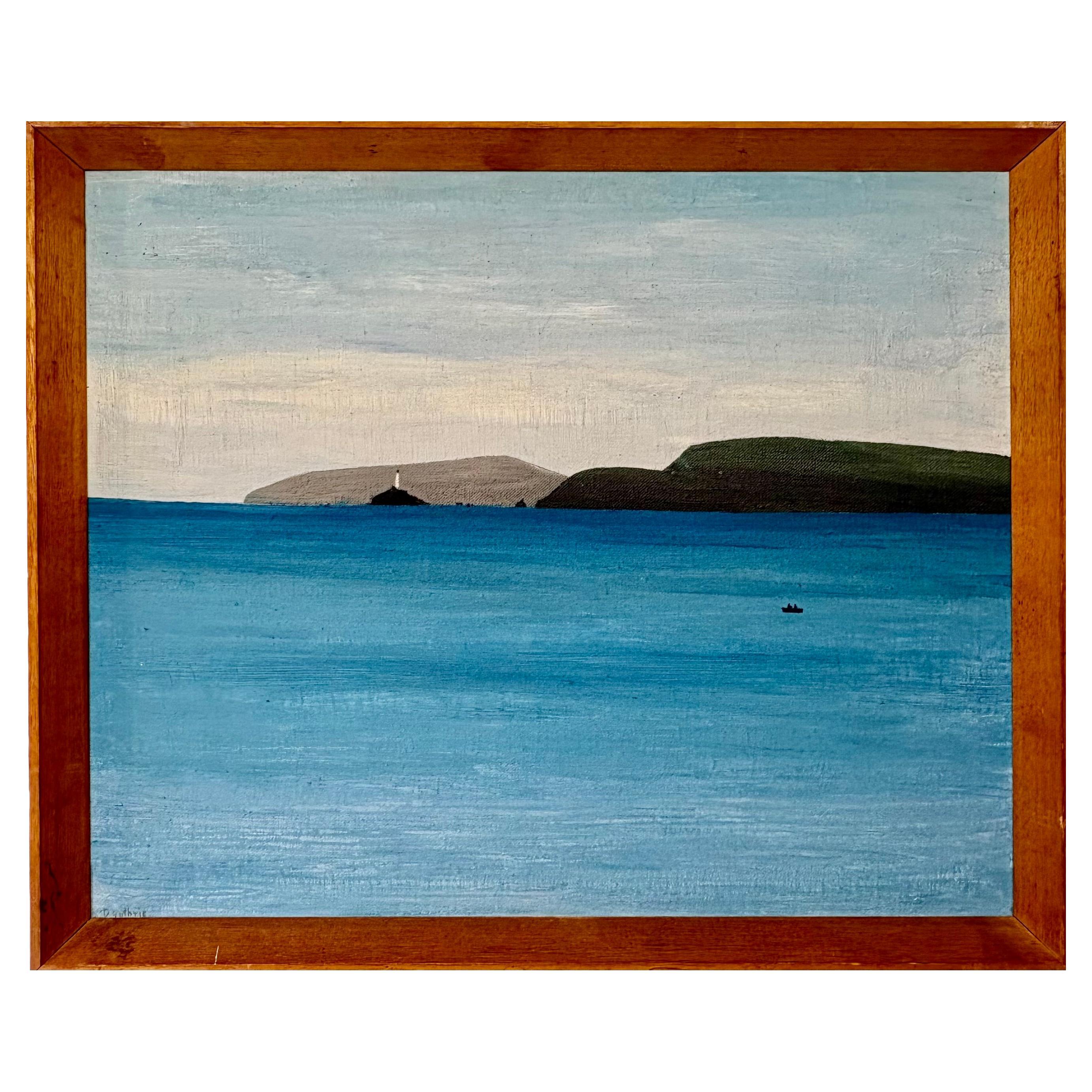 1961 Painting by Derek Guthrie oil on board of Godrevy lighthouse with boat