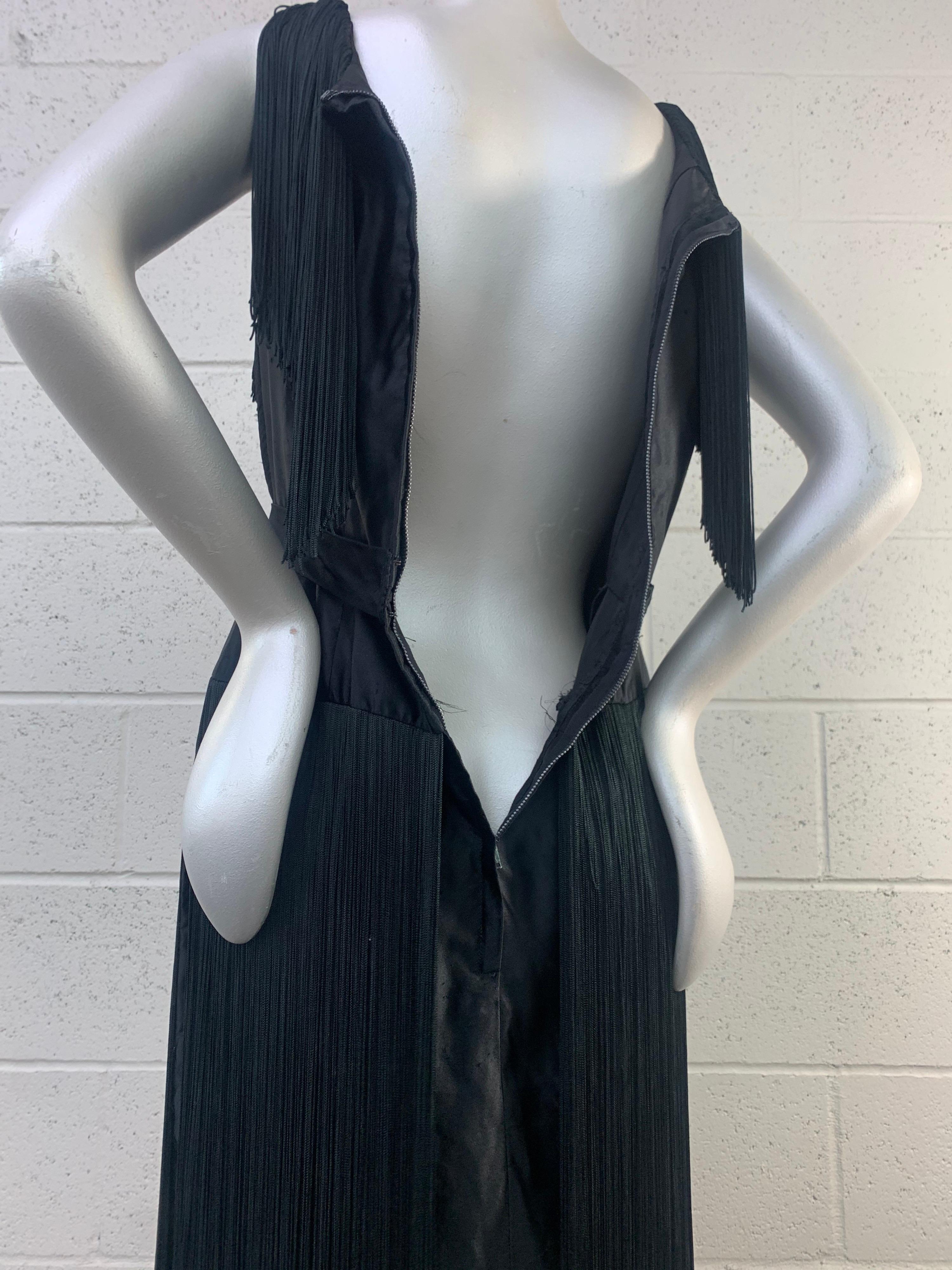 1961 Saks Fifth Avenue Black Silk Satin Sheath Dress w/ Heavy Long Fringe  For Sale 5