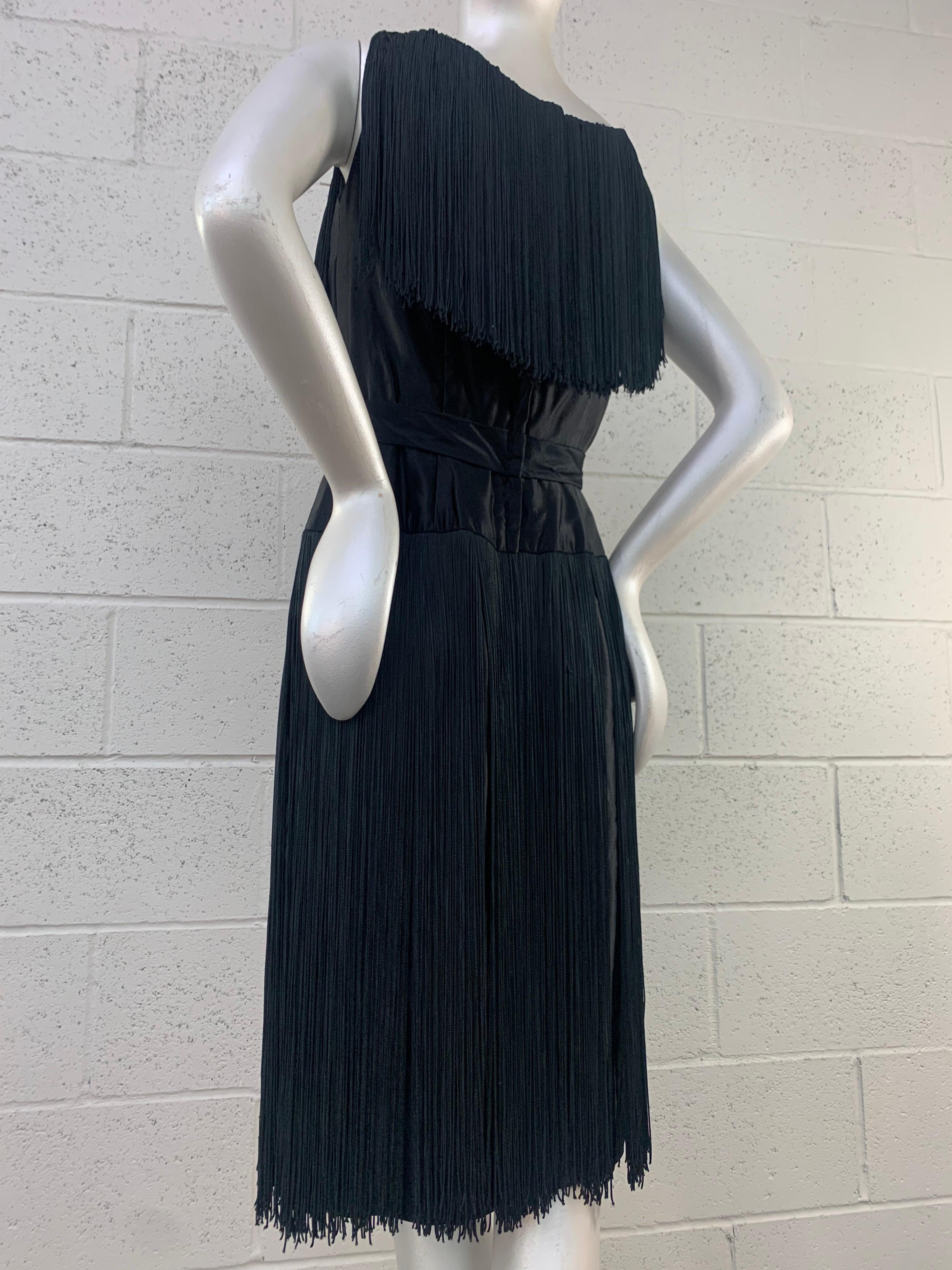 1961 Saks Fifth Avenue Black Silk Satin Sheath Dress w/ Heavy Long Fringe  For Sale 7