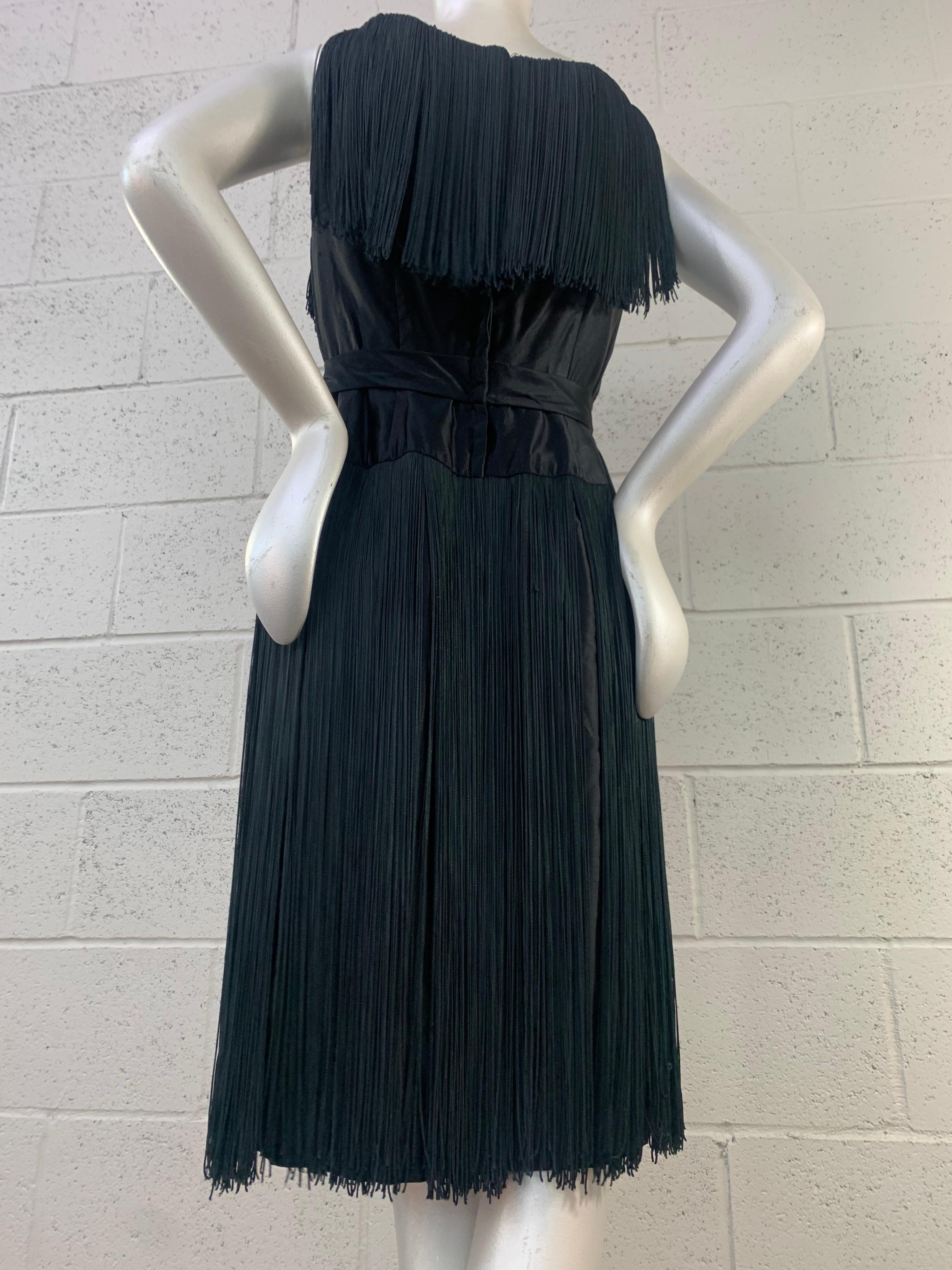1961 Saks Fifth Avenue Black Silk Satin Sheath Dress w/ Heavy Long Fringe  For Sale 8