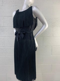 1961 Saks Fifth Avenue Black Silk Satin Sheath Dress w/ Heavy Long Fringe
