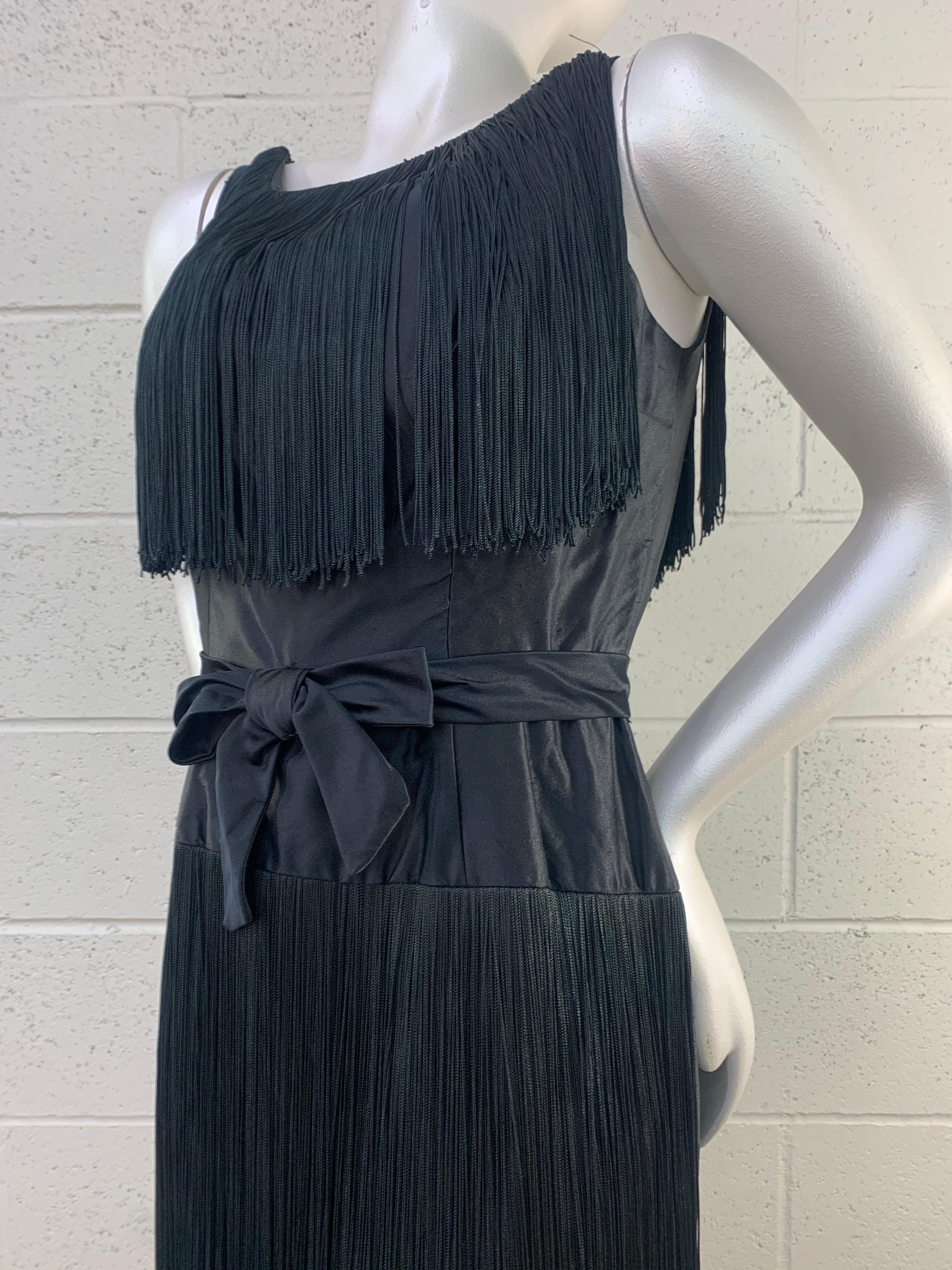 1961 Saks Fifth Avenue Black Silk Satin Sheath Dress w/ Heavy Long Fringe  In Good Condition For Sale In Gresham, OR