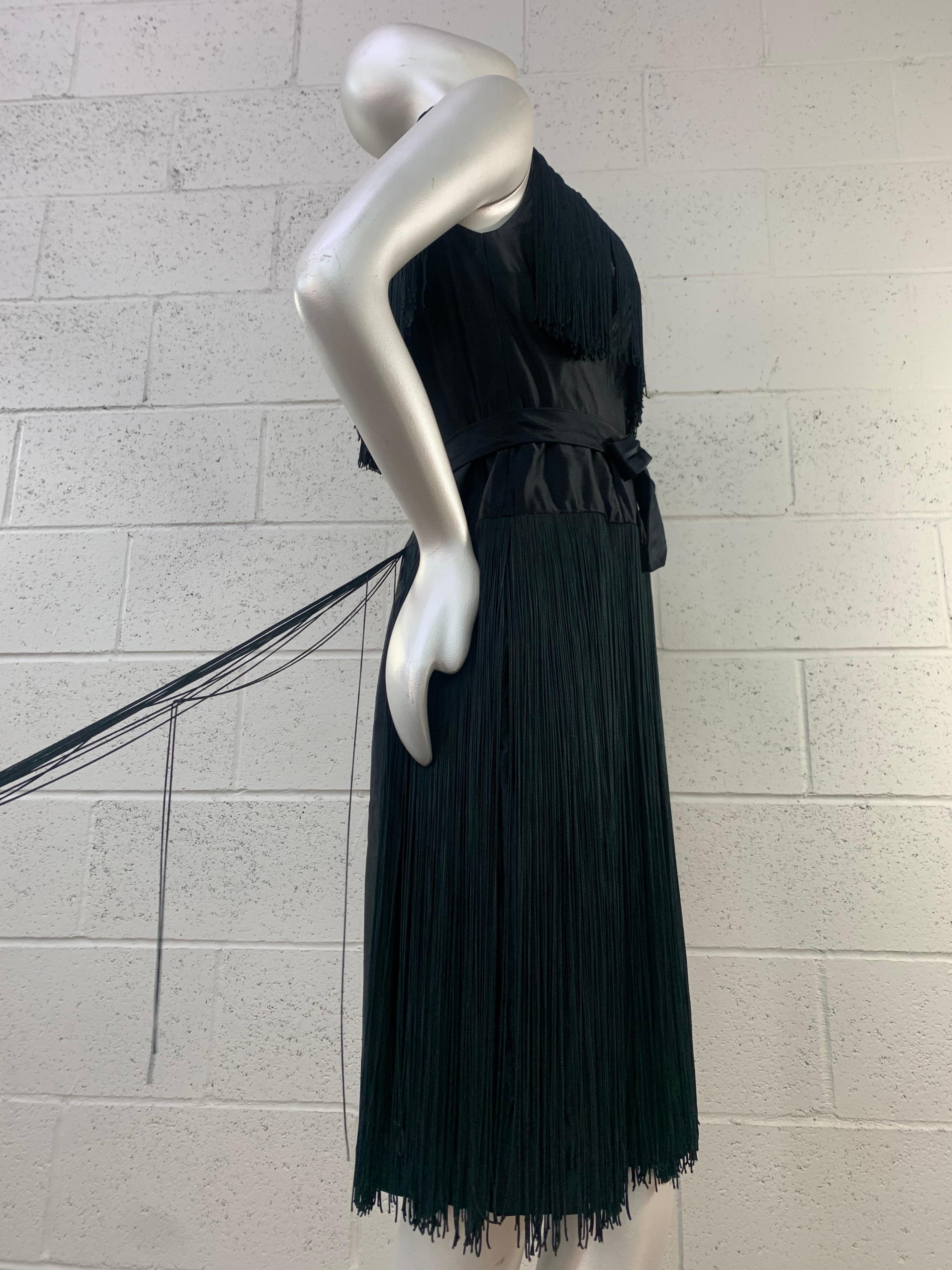 Women's 1961 Saks Fifth Avenue Black Silk Satin Sheath Dress w/ Heavy Long Fringe  For Sale