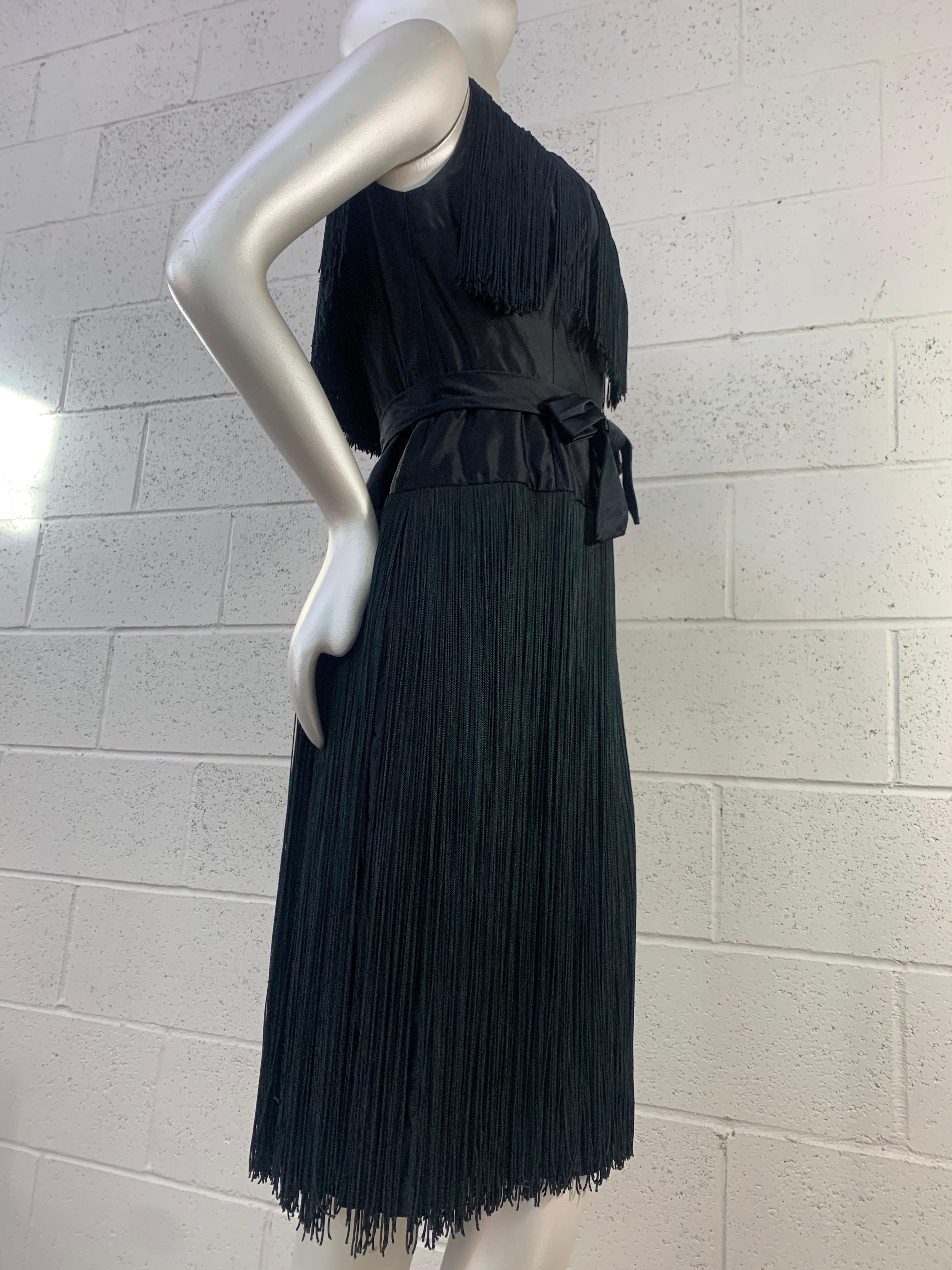 1961 Saks Fifth Avenue Black Silk Satin Sheath Dress w/ Heavy Long Fringe  For Sale 1