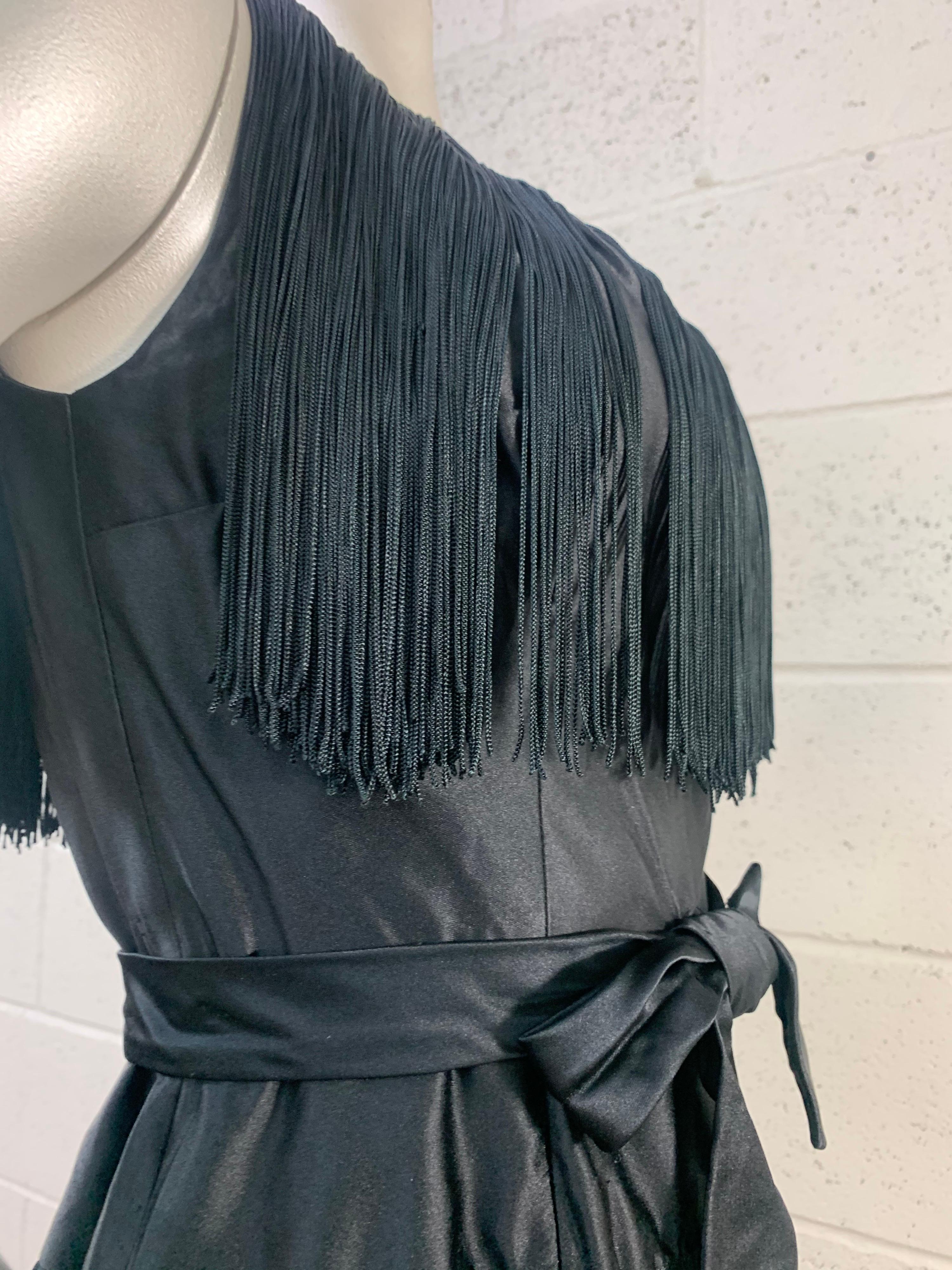 1961 Saks Fifth Avenue Black Silk Satin Sheath Dress w/ Heavy Long Fringe  For Sale 2