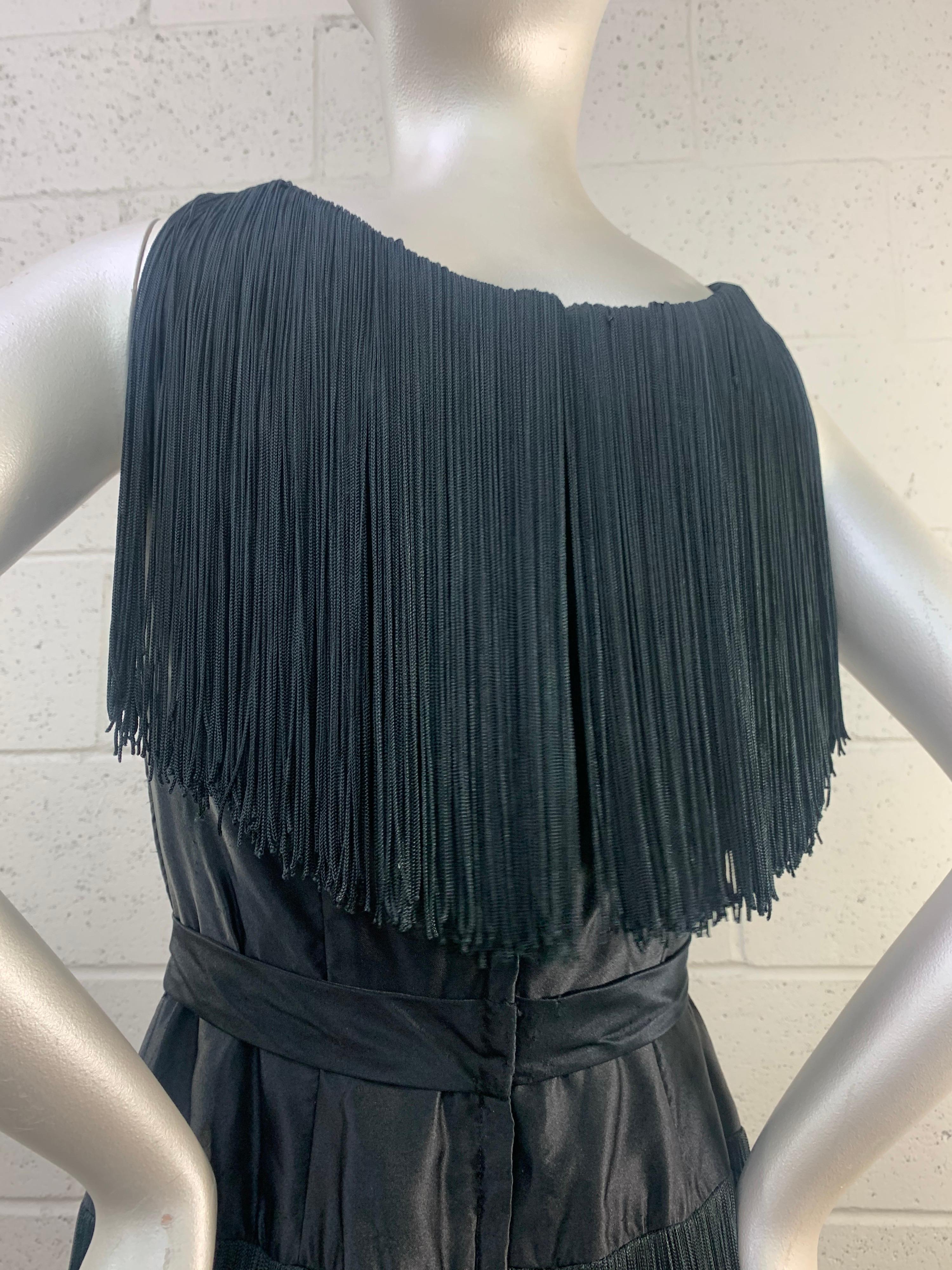 1961 Saks Fifth Avenue Black Silk Satin Sheath Dress w/ Heavy Long Fringe  For Sale 4
