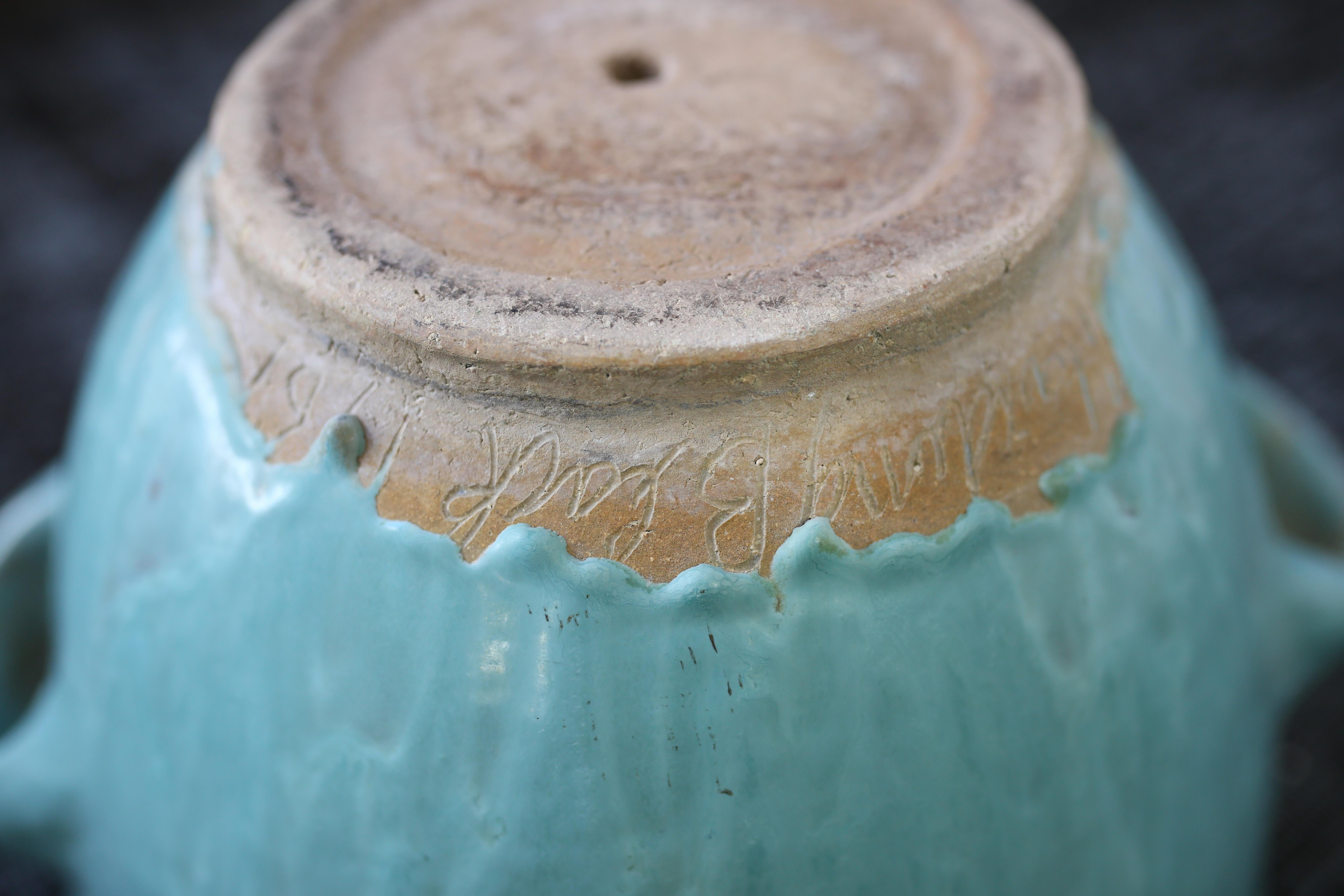 Vintage 1961 Harding Black Large Turquoise Glazed Texas Pottery Planter In Good Condition In San Antonio, TX