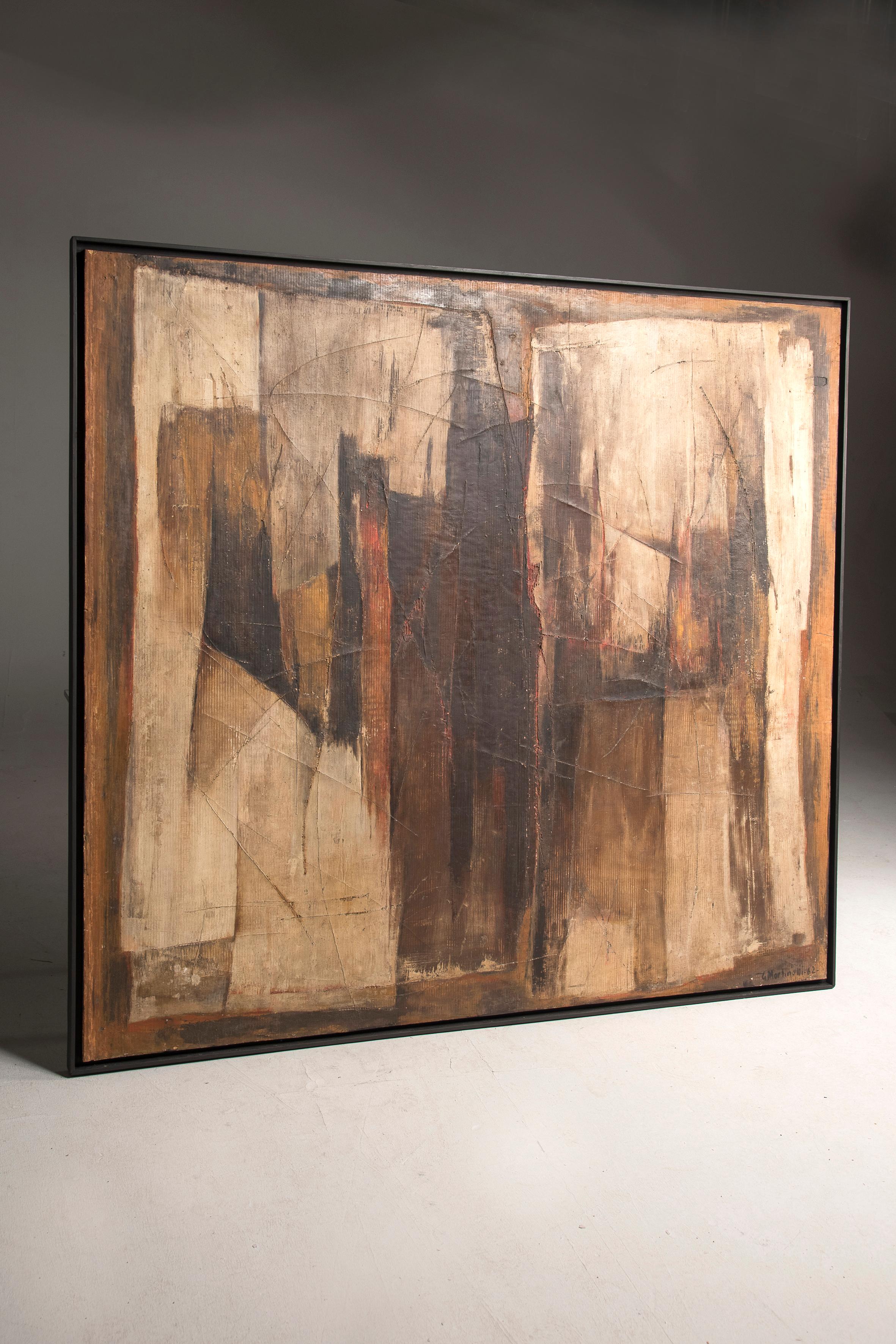 Abstraktes italienisches Gemälde des Malers G. Martinelli, Öl auf Holz und Karton, 1962 (Moderne der Mitte des Jahrhunderts)