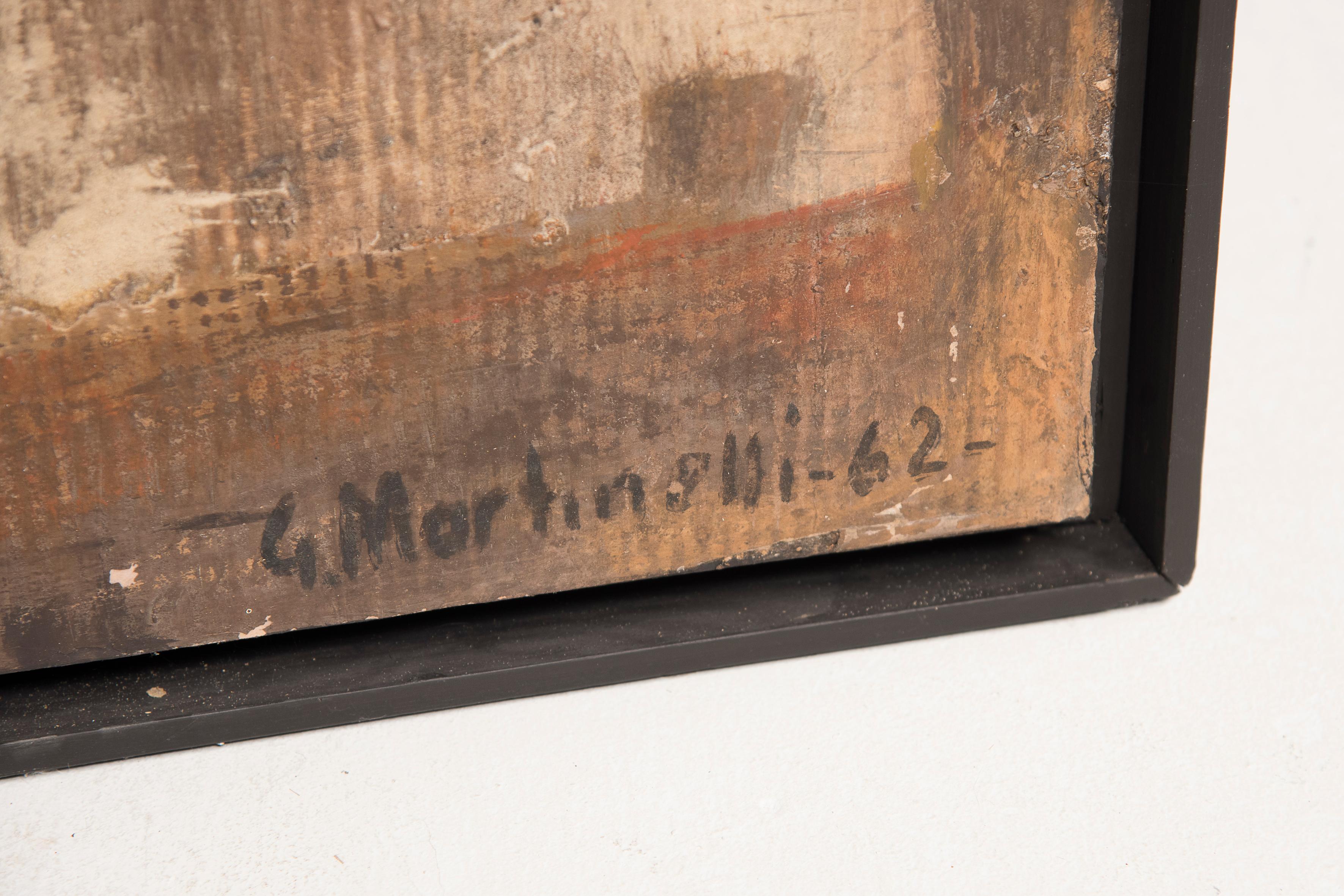 Abstraktes italienisches Gemälde des Malers G. Martinelli, Öl auf Holz und Karton, 1962 (20. Jahrhundert)