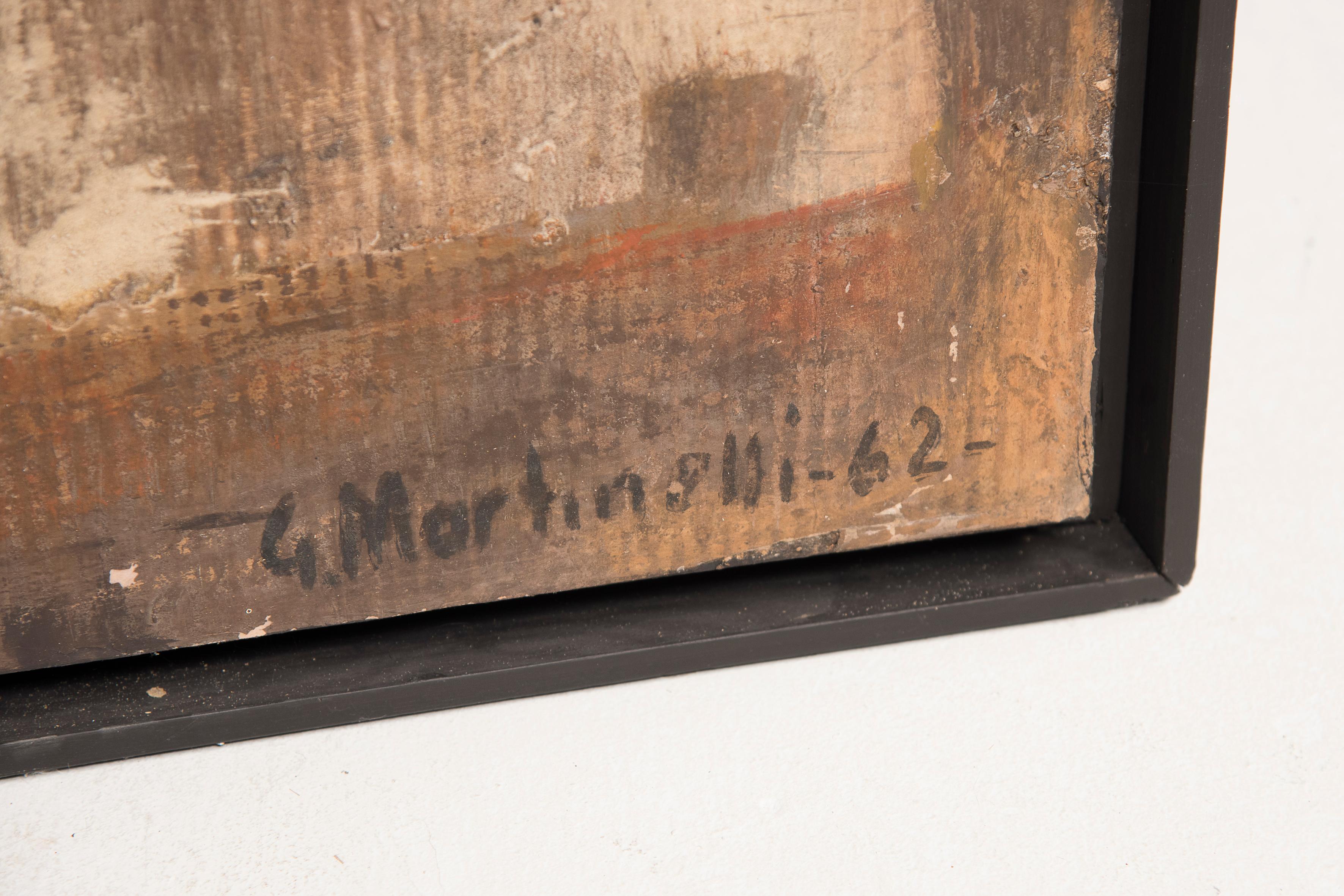 1962 Pintura Abstracta Italiana G. Martinelli Óleo sobre madera y cartón siglo XX en venta