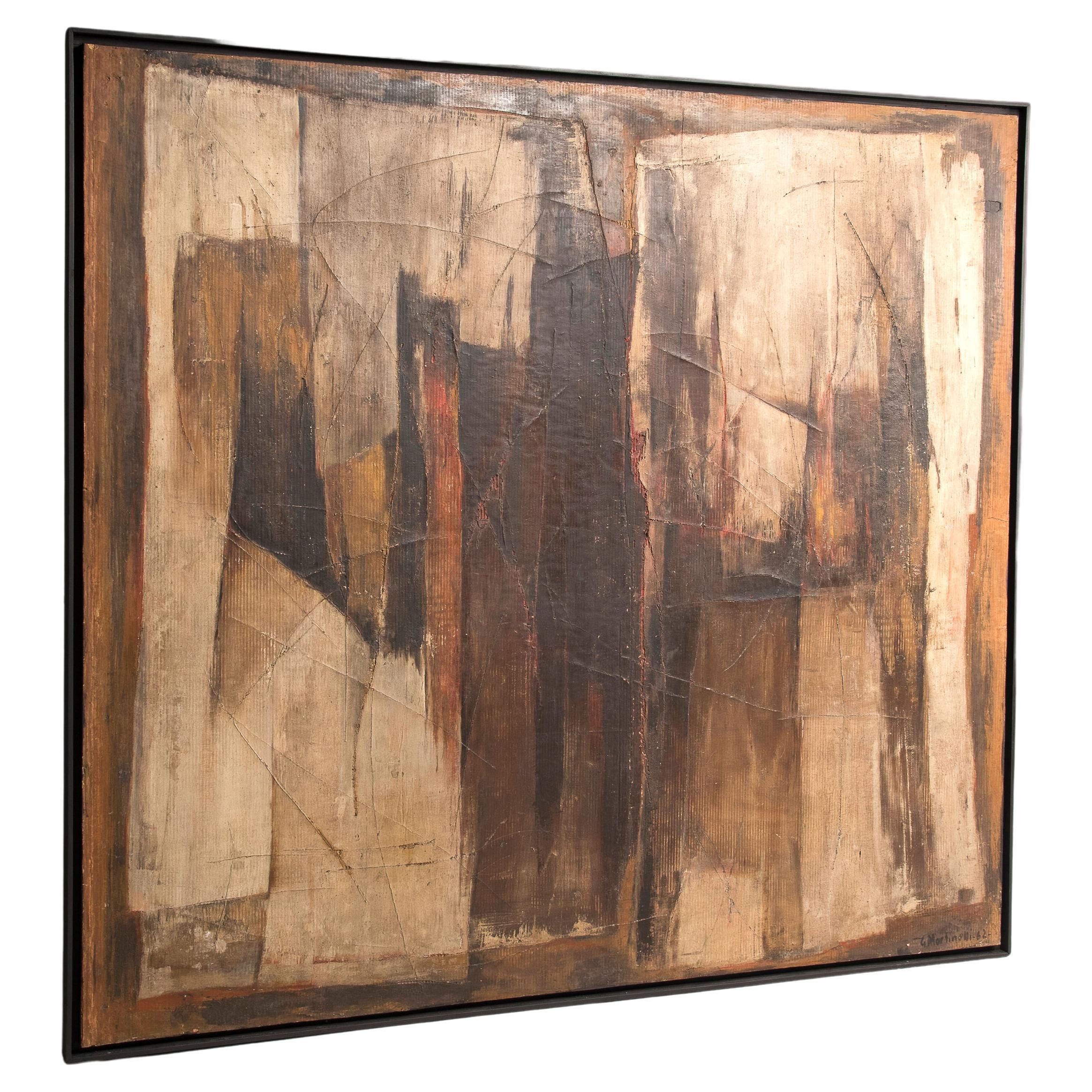 Abstraktes italienisches Gemälde des Malers G. Martinelli, Öl auf Holz und Karton, 1962