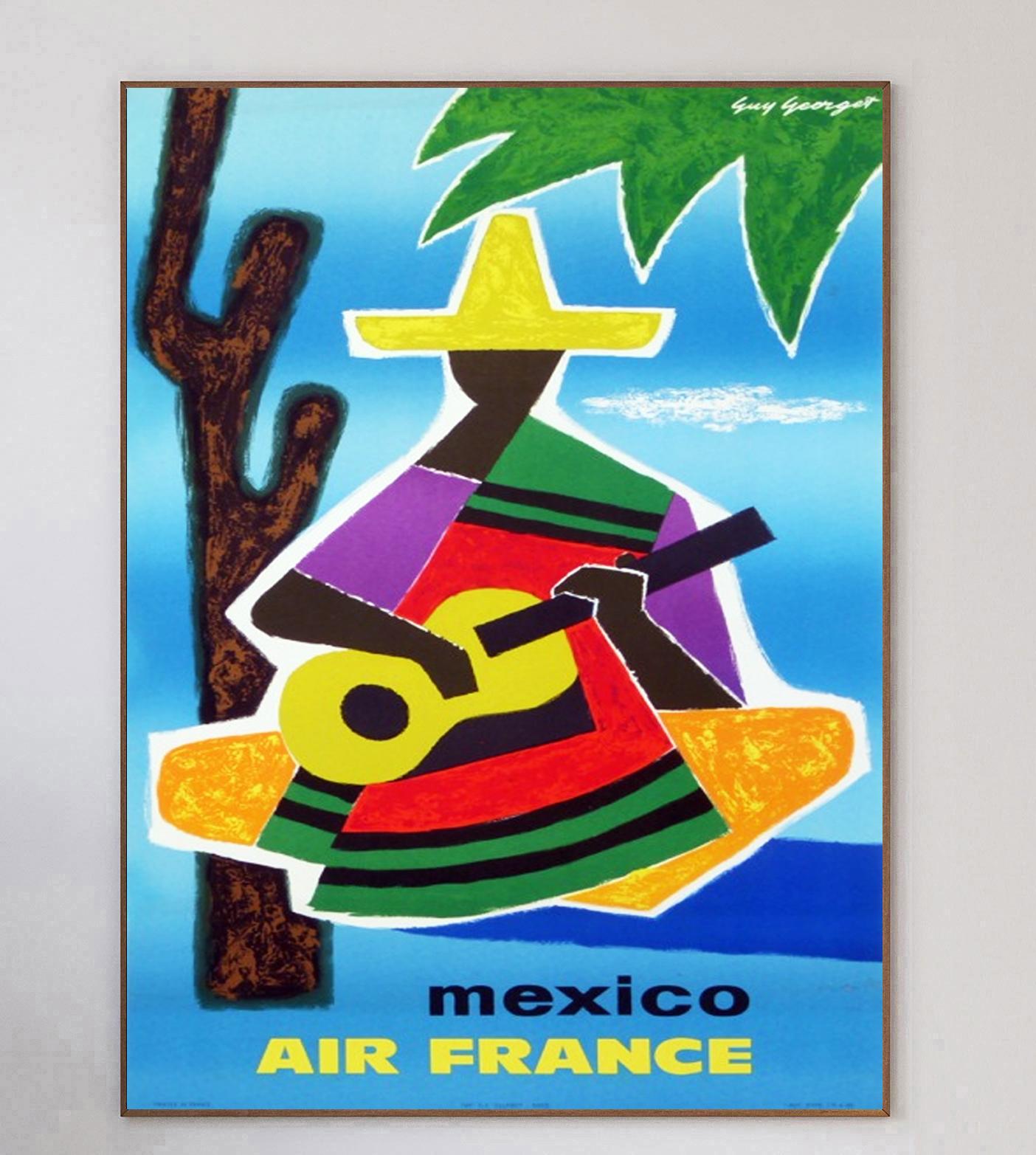 Réalisée par l'artiste français Guy Georget, qui a travaillé sur de nombreuses affiches d'Air France à l'époque, cette affiche promouvant les liaisons de la compagnie aérienne avec le Mexique a été créée en 1962. Air France a été créée en 1933 à la
