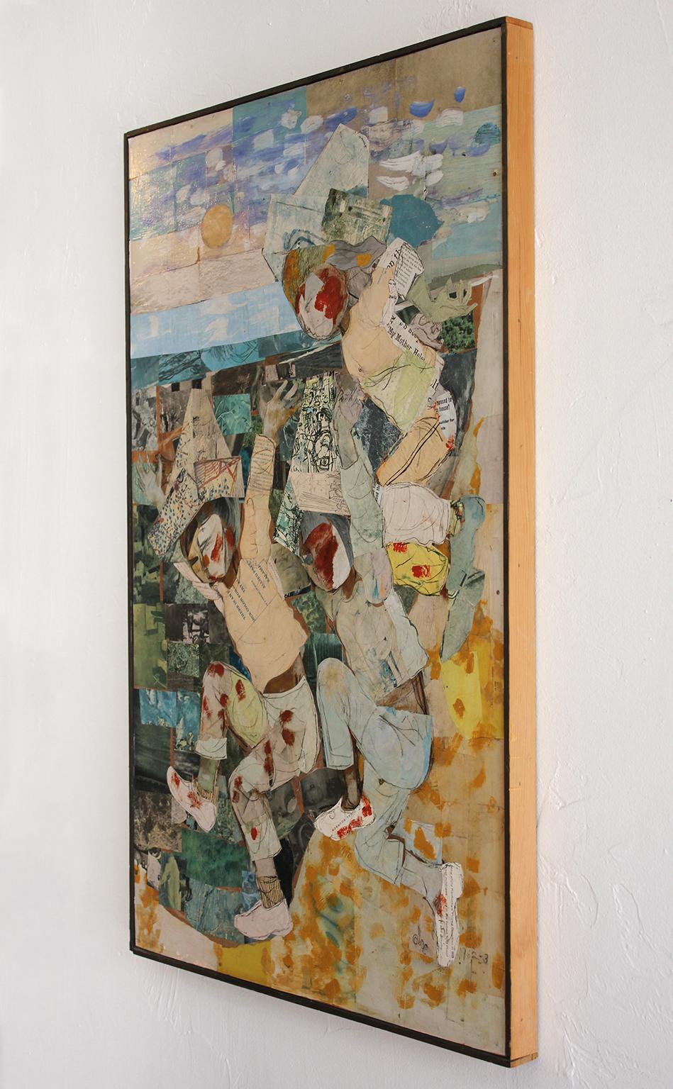 Großartiges Gemälde und Collage in Mischtechnik von der kalifornischen Künstlerin Olga Higgins, um 1962. Vom Künstler signiert und datiert. Tolles abstraktes Design. Die Farben sind großartig. Hängt in seinem ursprünglichen Rahmen. Maße: 42