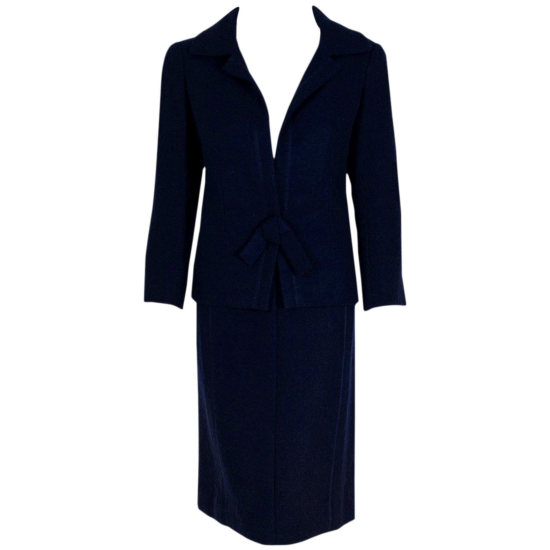 1962 Christian Dior Haute Couture Navy Blue Wool Bow-Tie Tailored Dress Suit