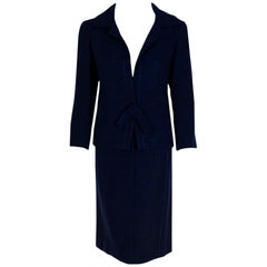 1962 Christian Dior Haute Couture Navy Blue Wool Bow-Tie Tailored Dress Suit