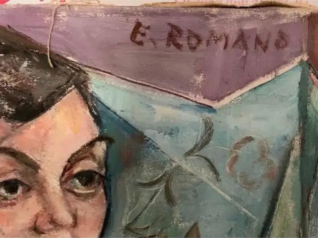 An oil on canvas titled in verso ‘Therese’ by E.Romano. Scene depicts a woman seated in a wingback chair. Strong use of color and line create the statement style frequently seen in Romano's work. Signed in the top center and dated 1962 in the back.