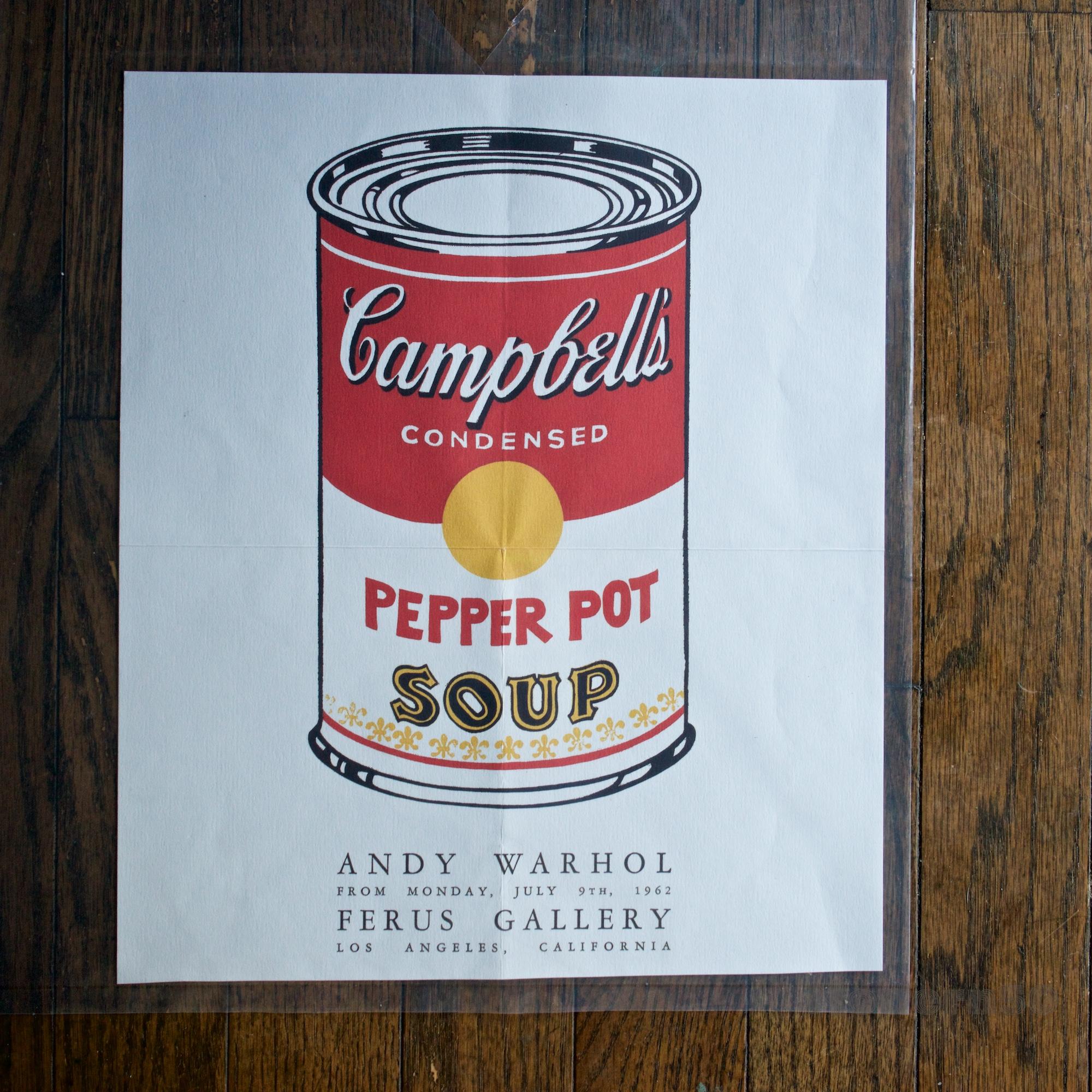 This is an unauthenticated offset lithograph promotional mailer or gallery announcement card of the first pop art show of the Campbell's Soup Can Paintings at the Ferus Gallery in Los Angeles. Ferus Gallery Director Irving Blum famously became the