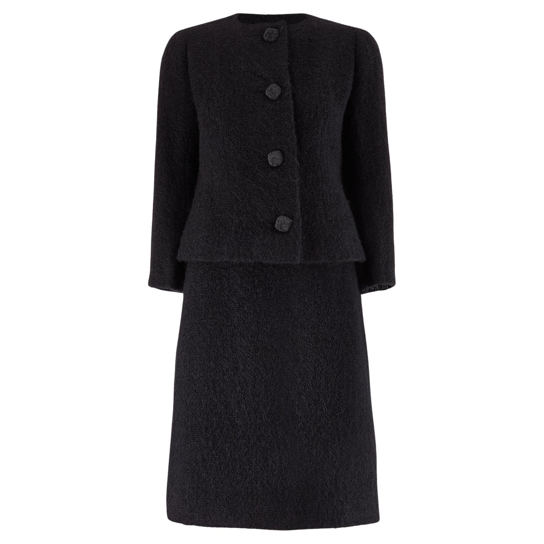 1962 Givenchy Haute Couture Black Angora Wool Skirt Suit For Sale