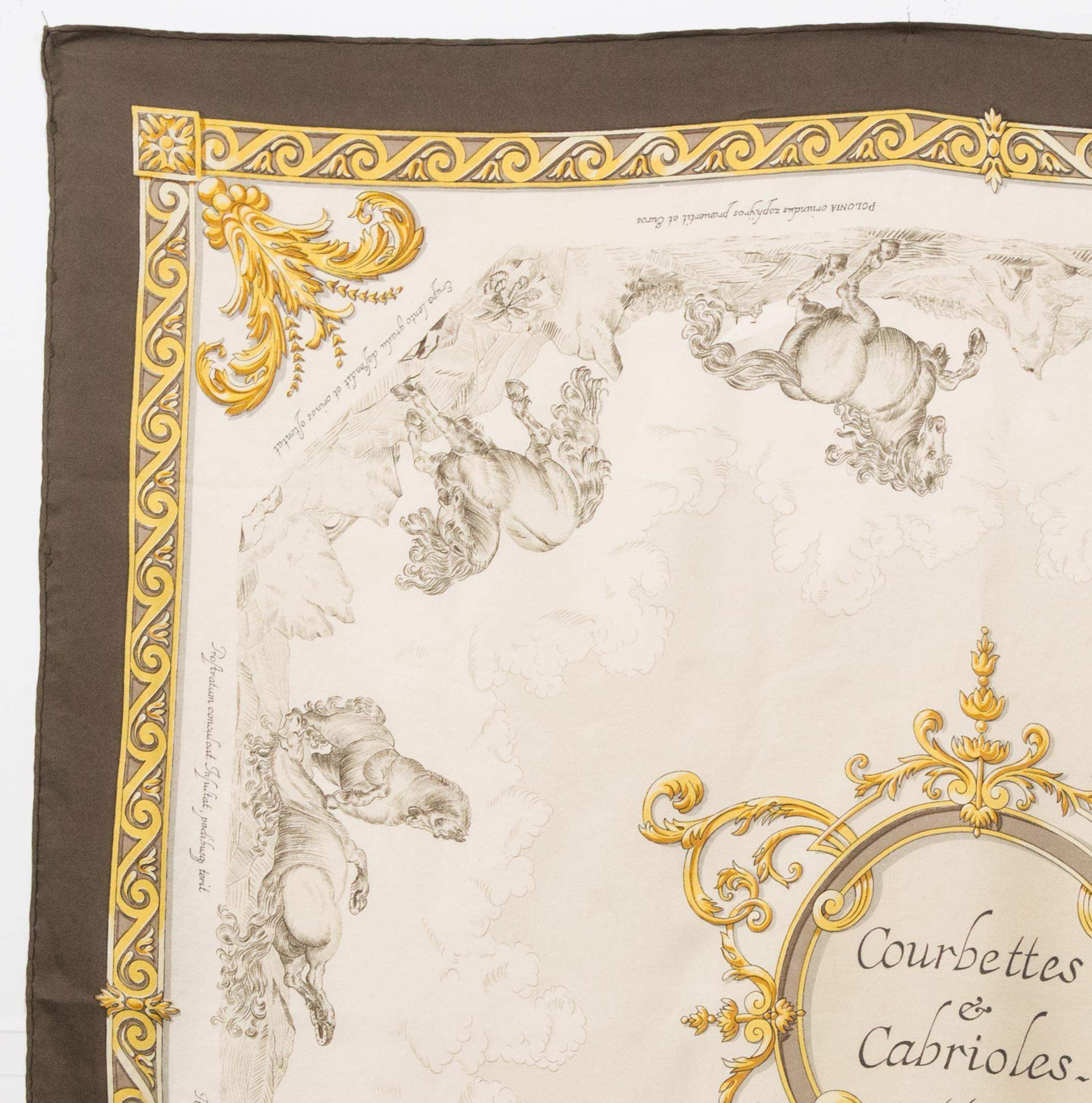 Rare Hermes silk scarf ivory Courbettes et Cabrioles by Francoise Faconnet featuring a brown border and an Hermès signature. 
First issue 1962
In good vintage condition. Made in France.
35,4in. (90cm)  X 35,4in. (90cm)
We guarantee you will receive