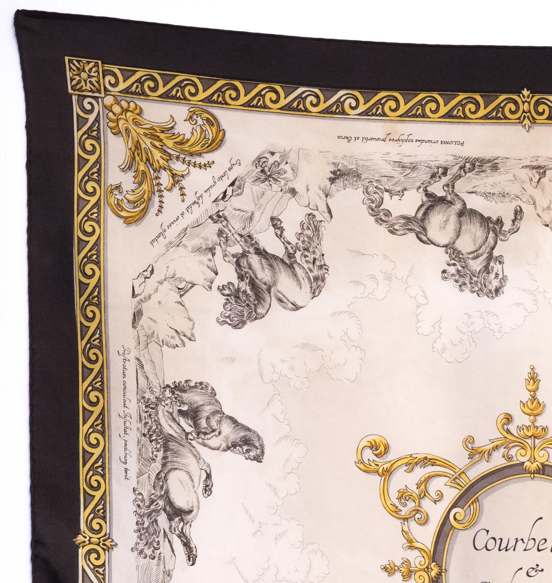 Hermes silk scarf ivory Courbettes et Cabrioles by Francoise Faconnet featuring a brown border and a Hermès signature. 
First issue 1962
In good vintage condition. Made in France.
35,4in. (90cm)  X 35,4in. (90cm)
We guarantee you will receive this 
