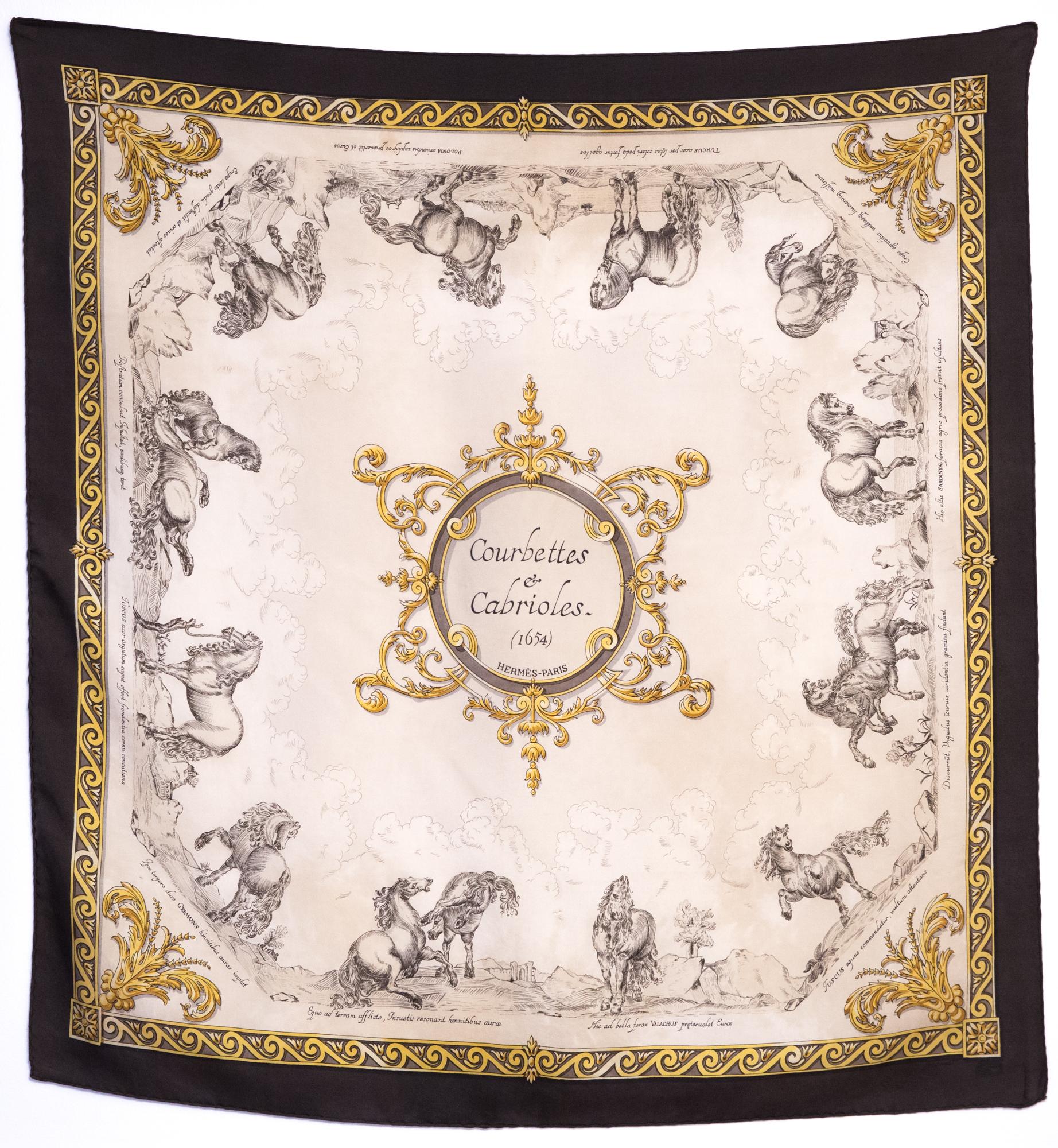 Women's or Men's 1962 Hermes Ivory Courbettes et Cabrioles by Francoise Faconnet Silk Scarf