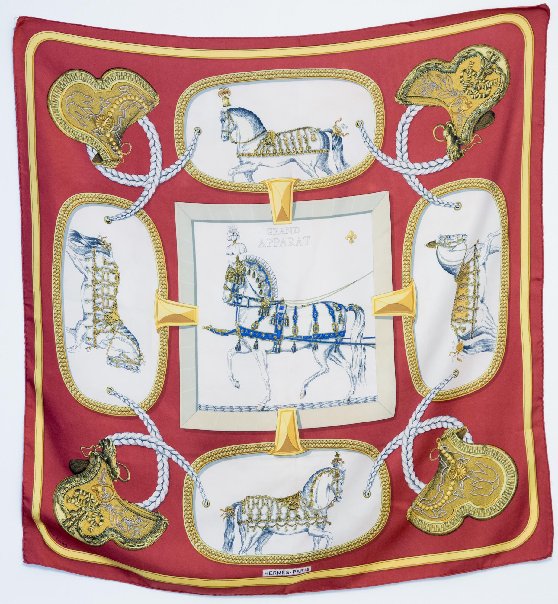 1962 Hermes Red Grand Apparat by Jacques Eudel Silk Scarf In Good Condition In Paris, FR