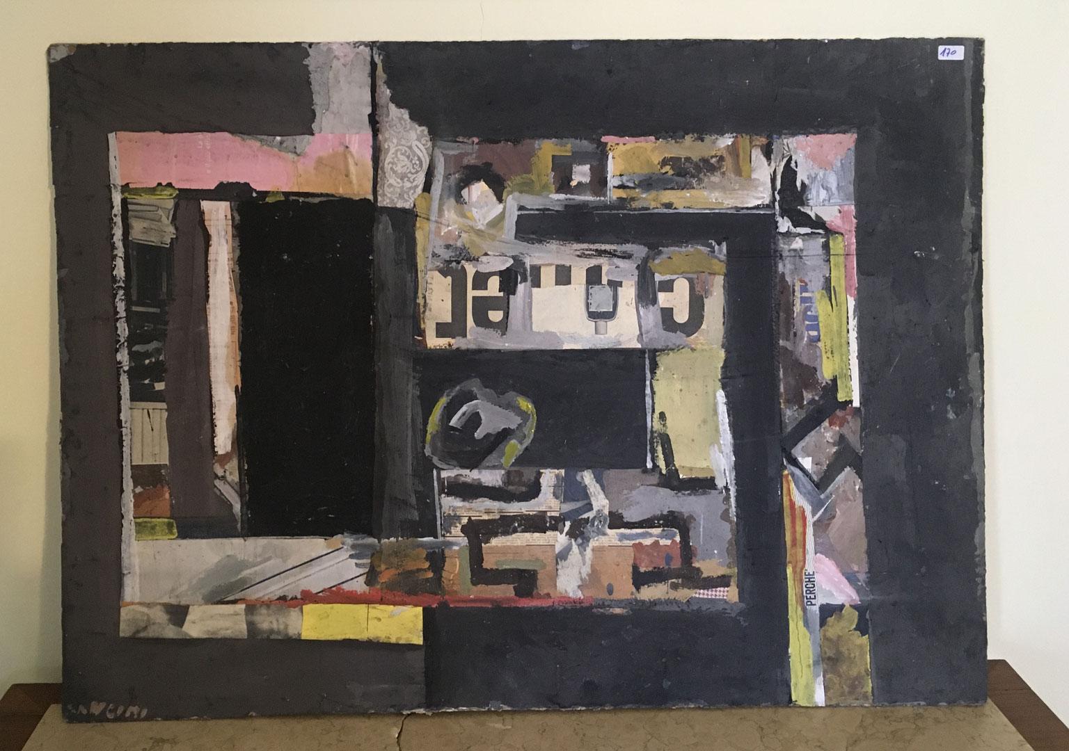 Mid-Century Modern 1962 Italy Abstract Painting and Paper Collage by Ermete Lancini  For Sale