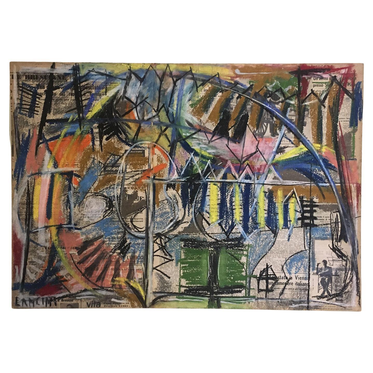 1962 Italy Abstract Painting and Paper Collage by Ermete Lancini  For Sale